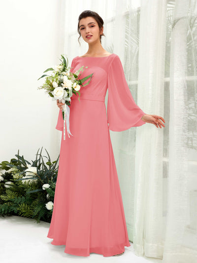 Carlyna Elie A-Line Coral Pink Bridesmaid Dress Maxi Long Sleeve Boat Neck Front View #color_coral-pink