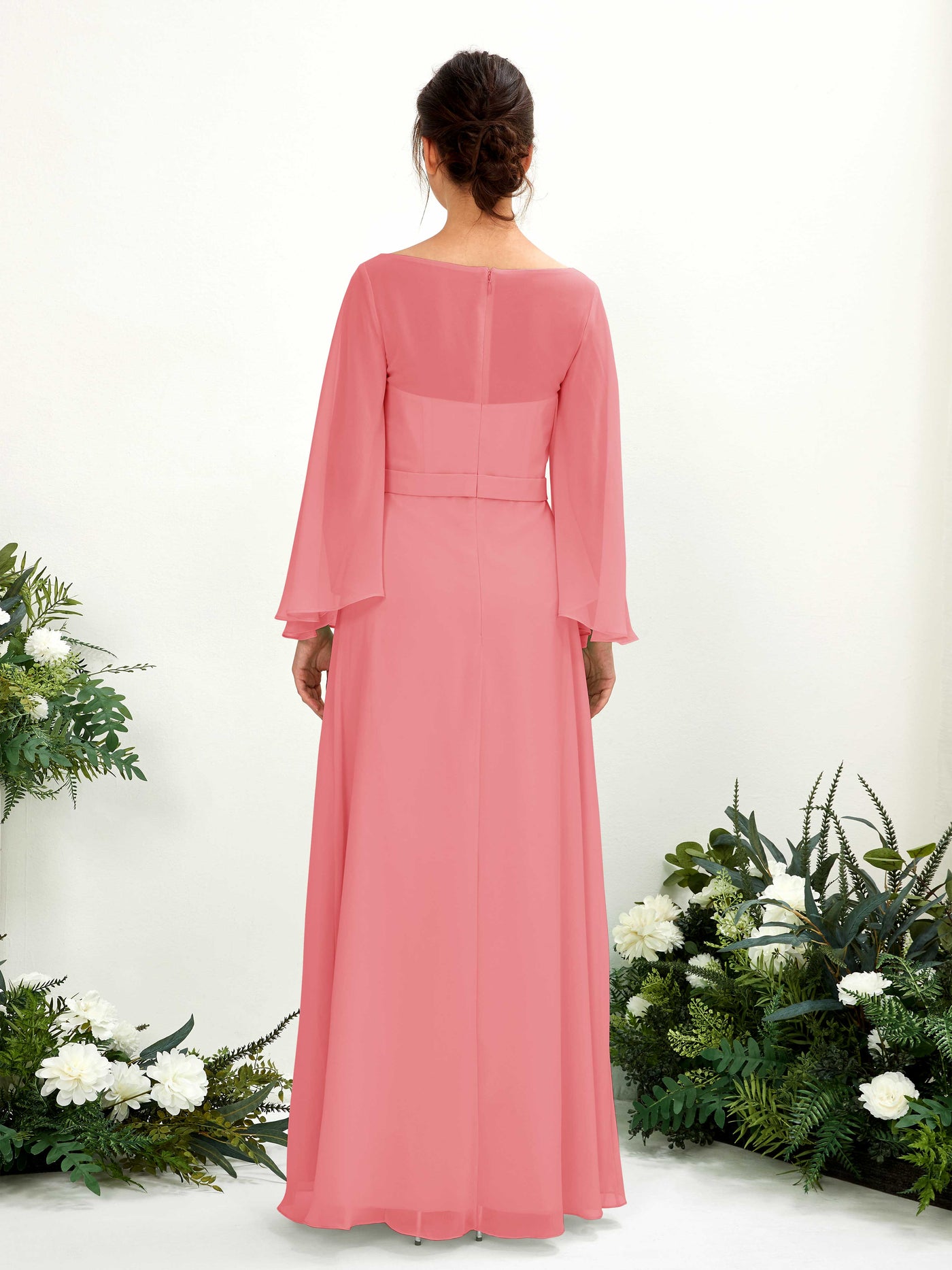 Coral Pink Bridesmaid Dresses Bridesmaid Dress A-line Chiffon Bateau Full Length Long Sleeves Wedding Party Dress (81220530)#color_coral-pink