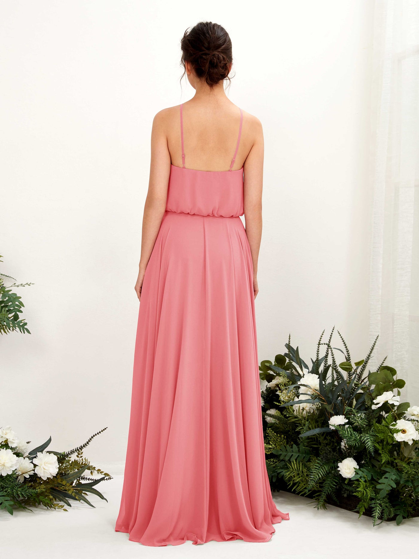 Coral Pink Bridesmaid Dresses Bridesmaid Dress Ball Gown Chiffon Halter Full Length Sleeveless Wedding Party Dress (81223430)#color_coral-pink