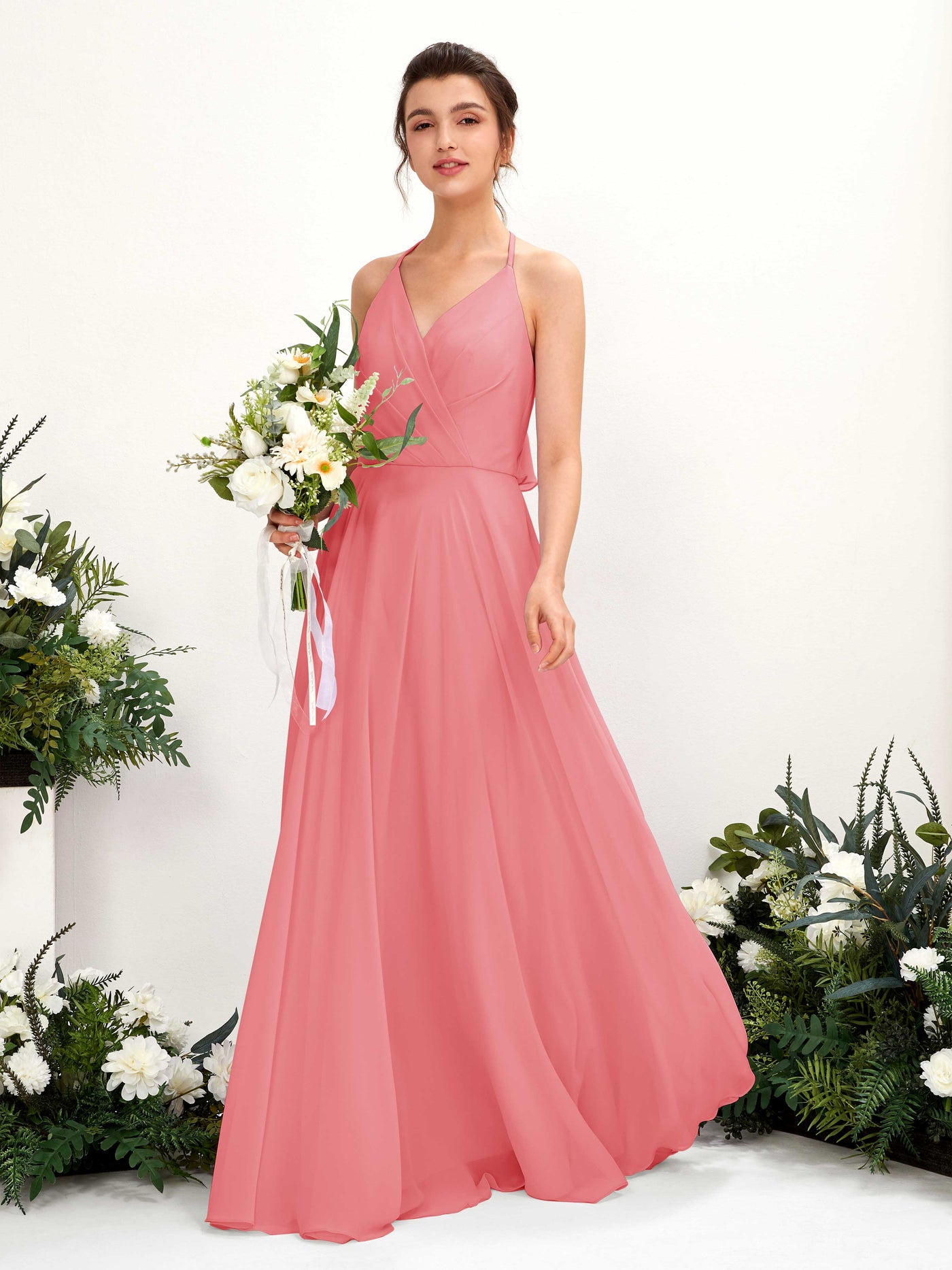 Halter V-neck Sleeveless Chiffon Bridesmaid Dress - Coral Pink (81221030)#color_coral-pink