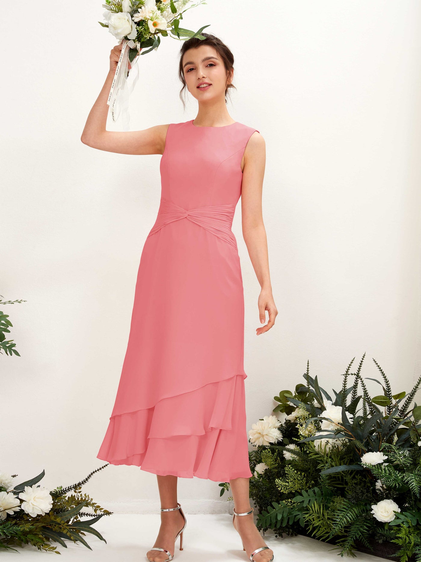Coral Pink Bridesmaid Dresses Bridesmaid Dress Mermaid/Trumpet Chiffon Round Tea Length Sleeveless Wedding Party Dress (81221930)#color_coral-pink