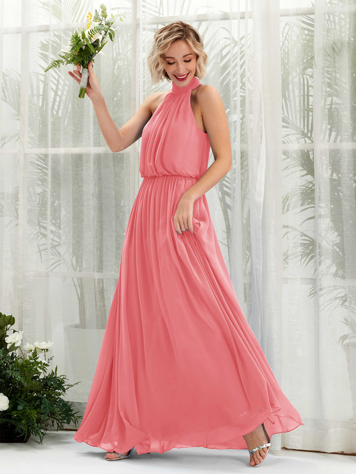 Coral Pink Bridesmaid Dresses Bridesmaid Dress A-line Chiffon Halter Full Length Sleeveless Wedding Party Dress (81222930)