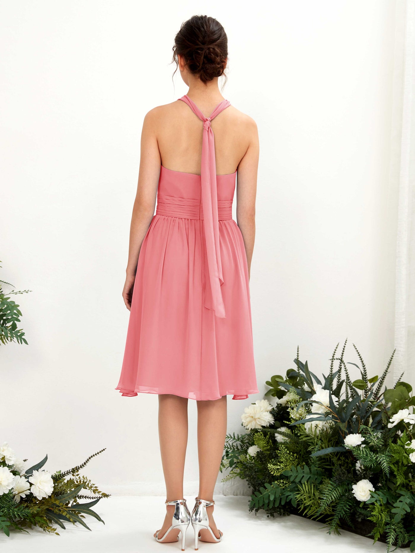 Coral Pink Bridesmaid Dresses Bridesmaid Dress A-line Chiffon Halter Knee Length Sleeveless Wedding Party Dress (81222630)#color_coral-pink