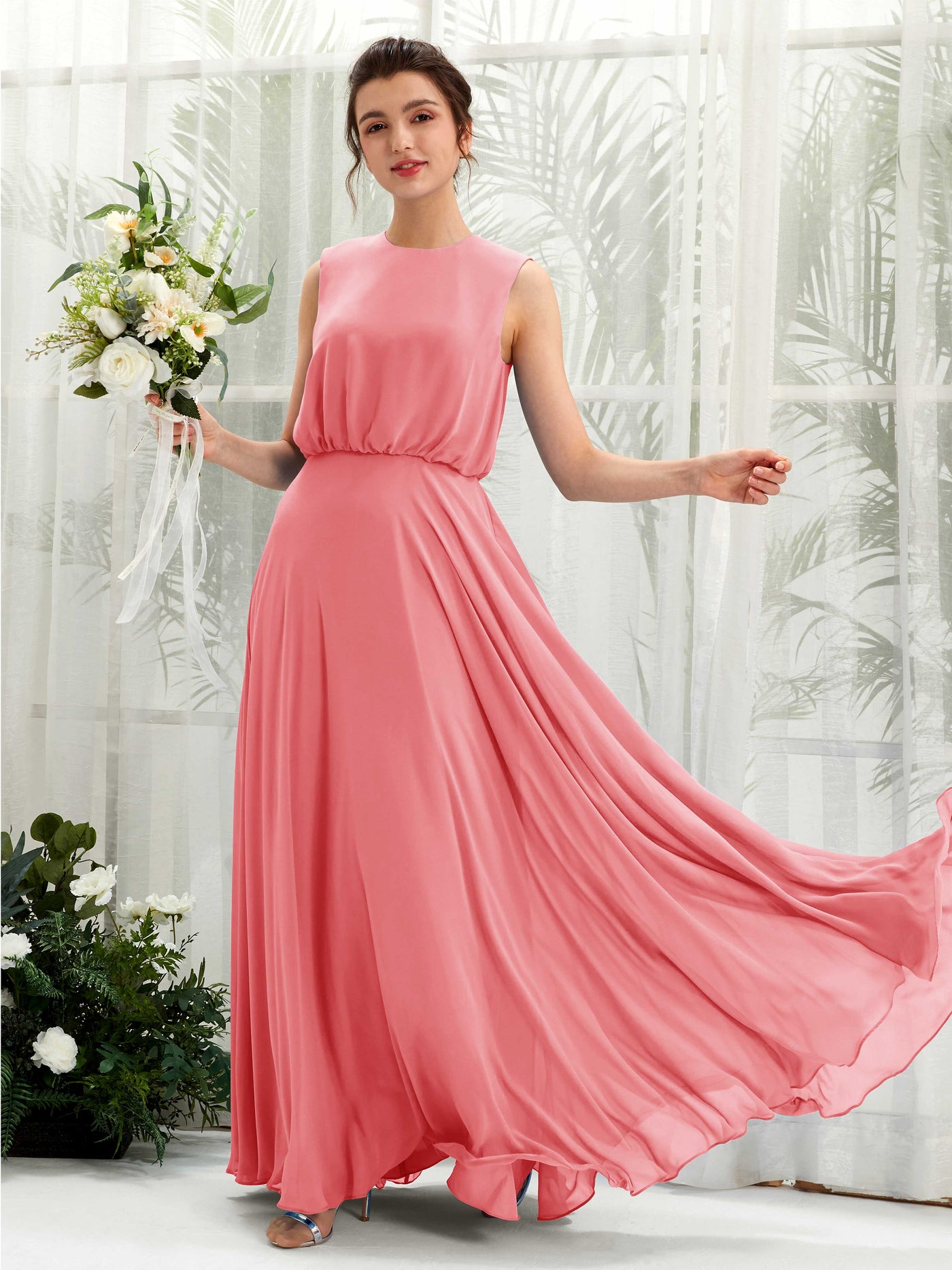 Coral Pink Bridesmaid Dresses Bridesmaid Dress A-line Chiffon Round Full Length Sleeveless Wedding Party Dress (81222830)#color_coral-pink