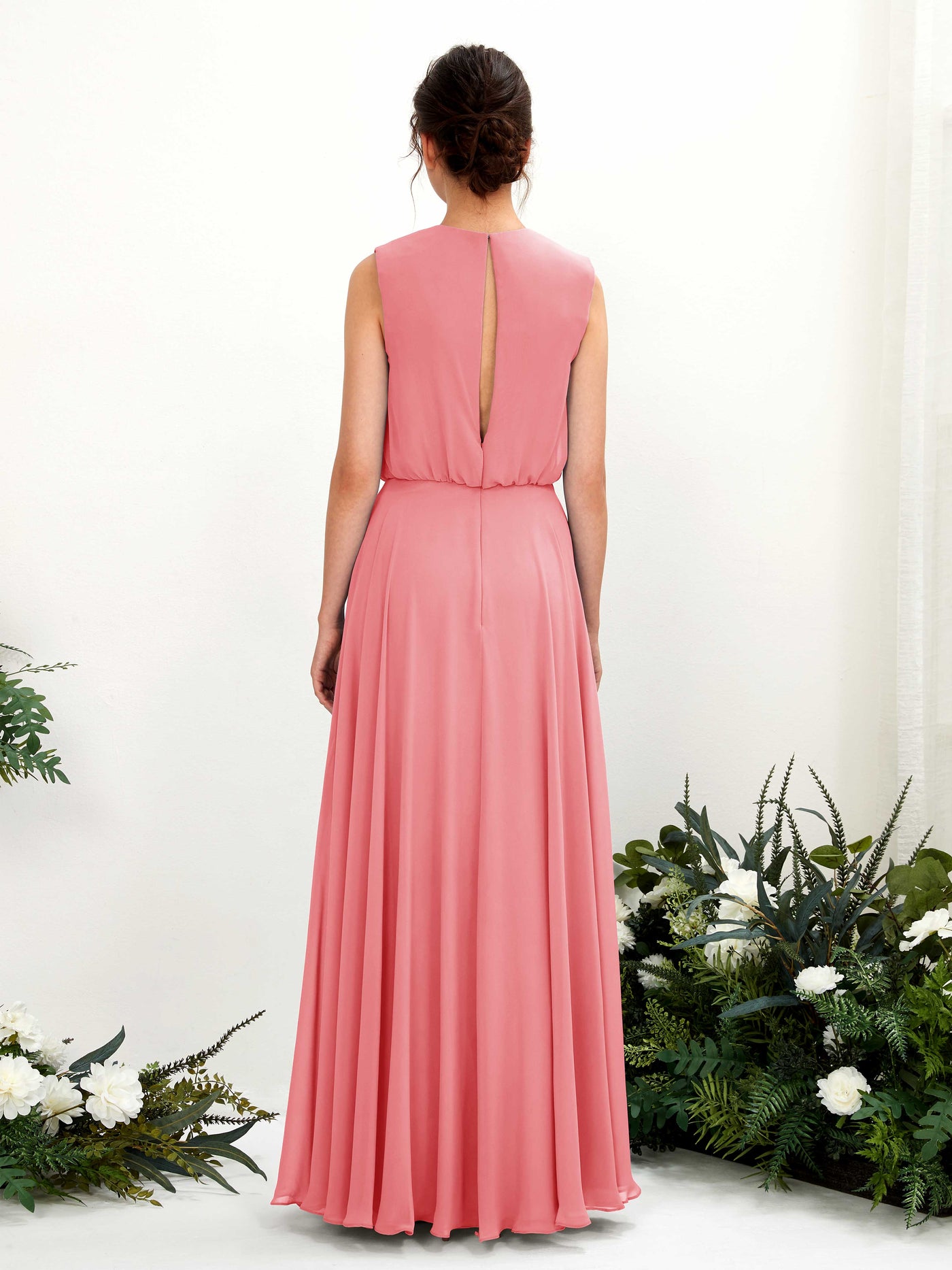 Coral Pink Bridesmaid Dresses Bridesmaid Dress A-line Chiffon Round Full Length Sleeveless Wedding Party Dress (81222830)#color_coral-pink