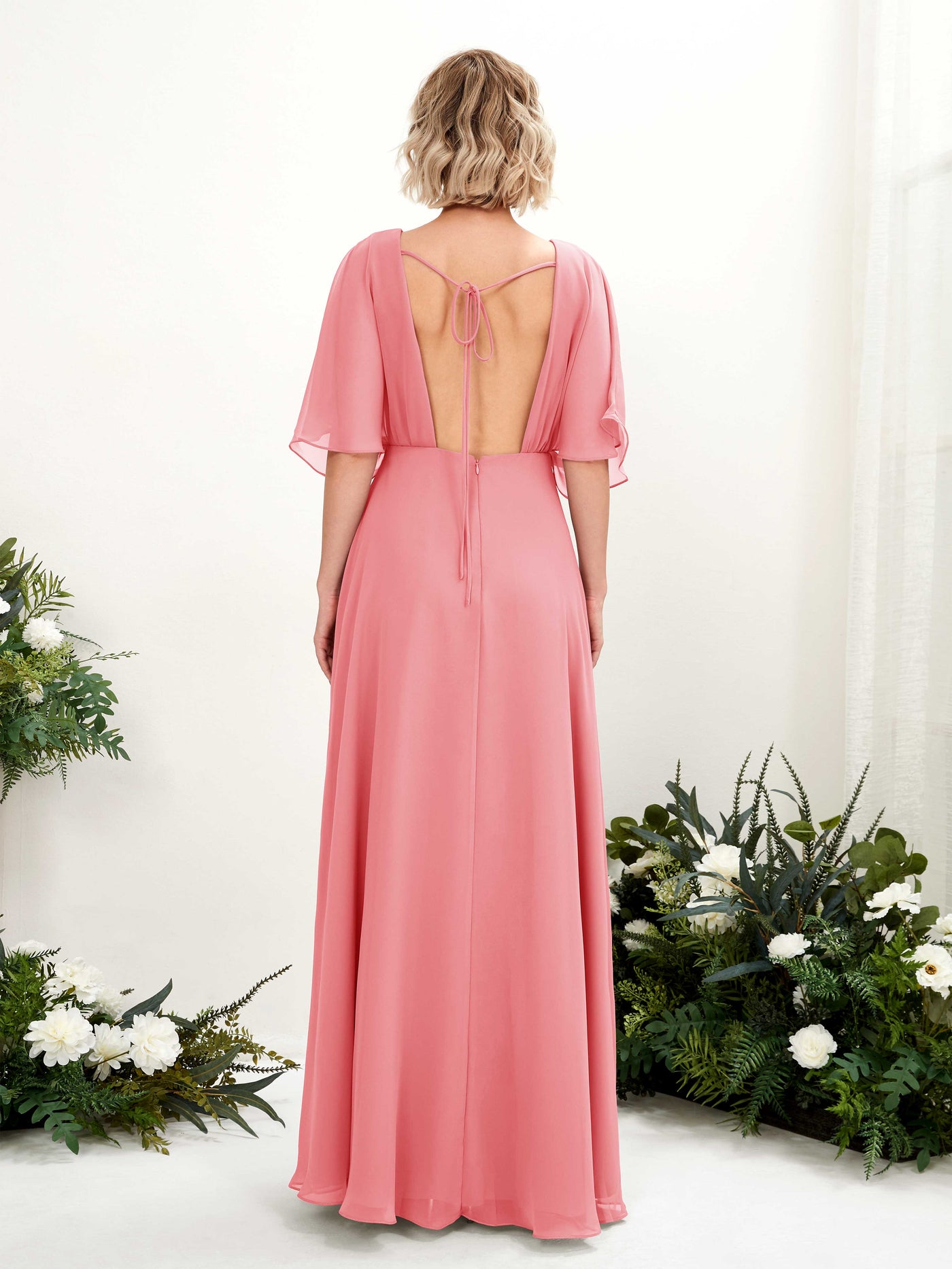Coral Pink Bridesmaid Dresses Bridesmaid Dress A-line Chiffon V-neck Full Length Short Sleeves Wedding Party Dress (81225130)#color_coral-pink