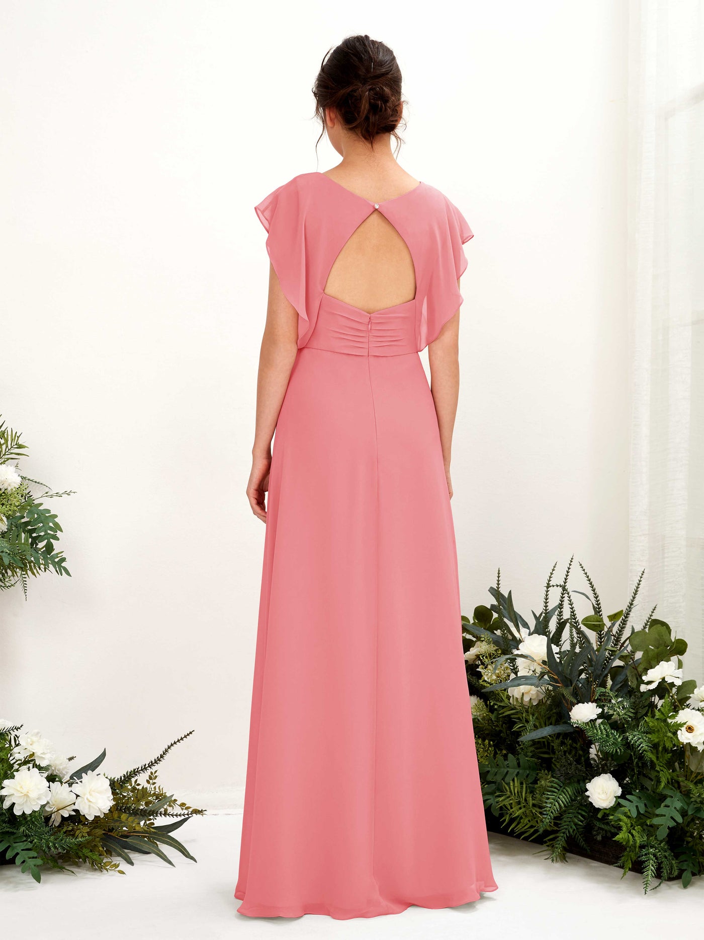 Coral Pink Bridesmaid Dresses Bridesmaid Dress A-line Chiffon V-neck Full Length Short Sleeves Wedding Party Dress (81225630)#color_coral-pink