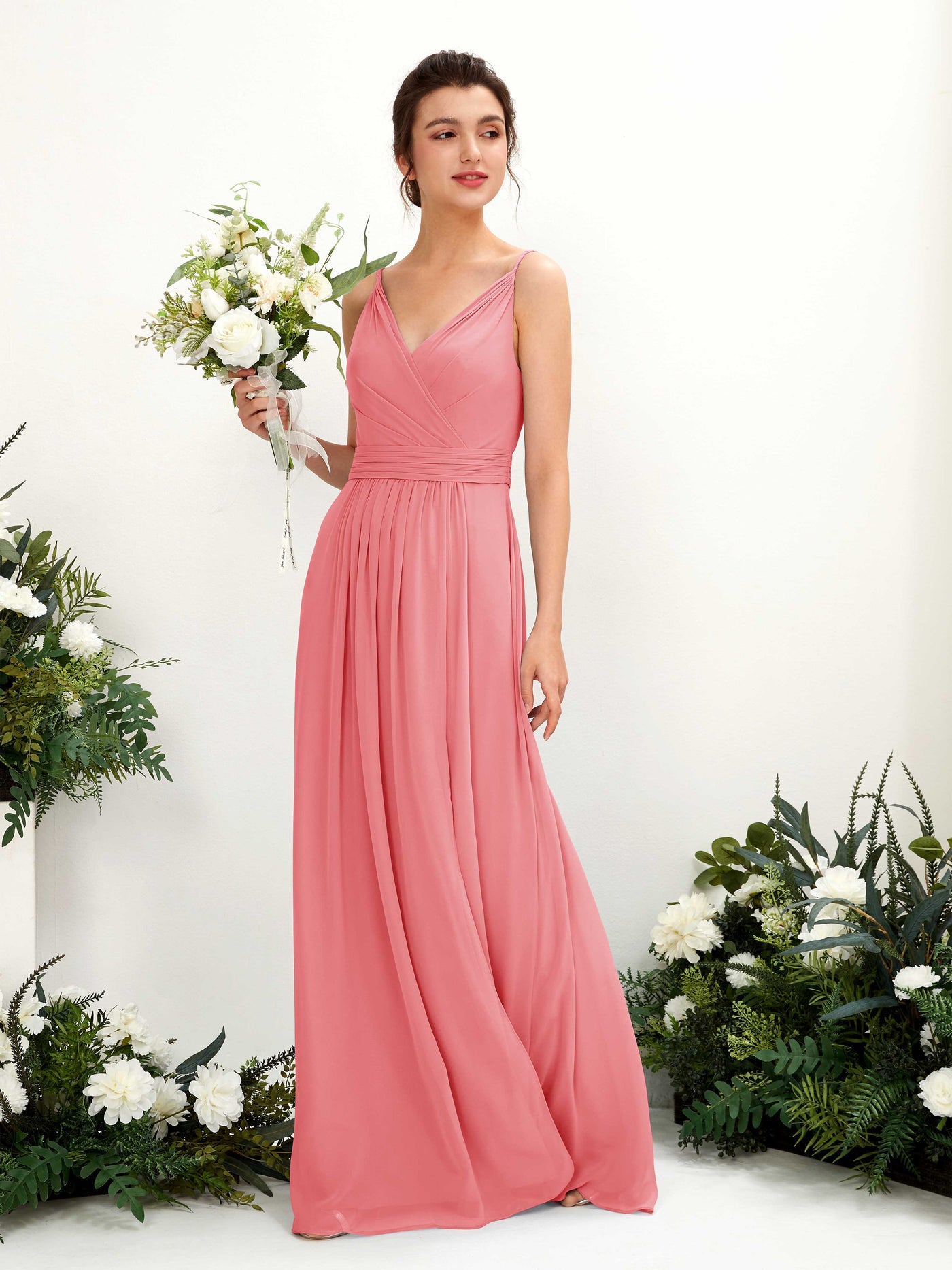 Coral Pink Bridesmaid Dresses Bridesmaid Dress A-line Chiffon Spaghetti-straps Full Length Sleeveless Wedding Party Dress (81223930)#color_coral-pink