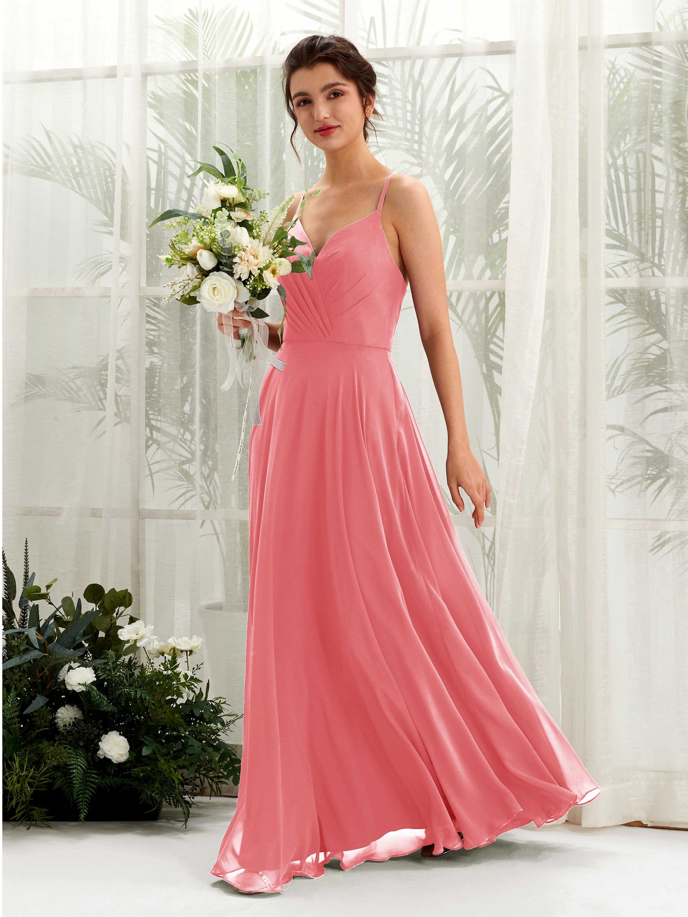Coral Pink Bridesmaid Dresses Bridesmaid Dress Chiffon Spaghetti-straps Full Length Sleeveless Wedding Party Dress (81224230)#color_coral-pink