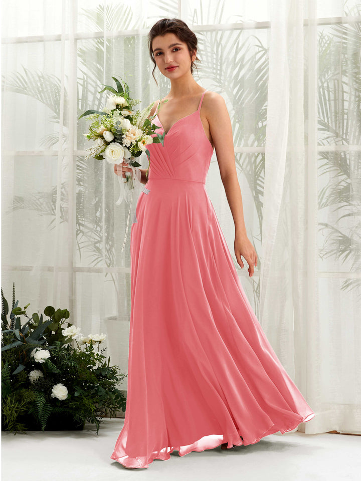 Coral Pink Bridesmaid Dresses Bridesmaid Dress Chiffon Spaghetti-straps Full Length Sleeveless Wedding Party Dress (81224230)