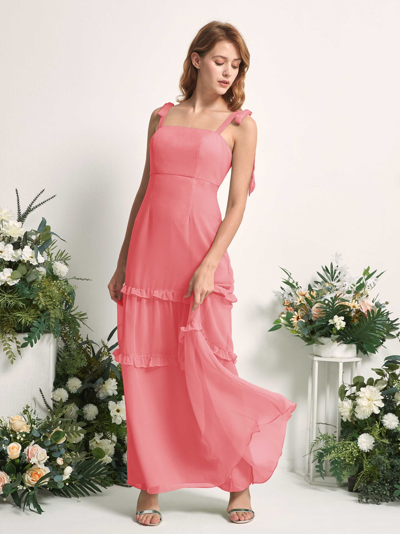 Bridesmaid Dress Chiffon Straps Full Length Sleeveless Wedding Party Dress - Coral Pink (81227530)#color_coral-pink