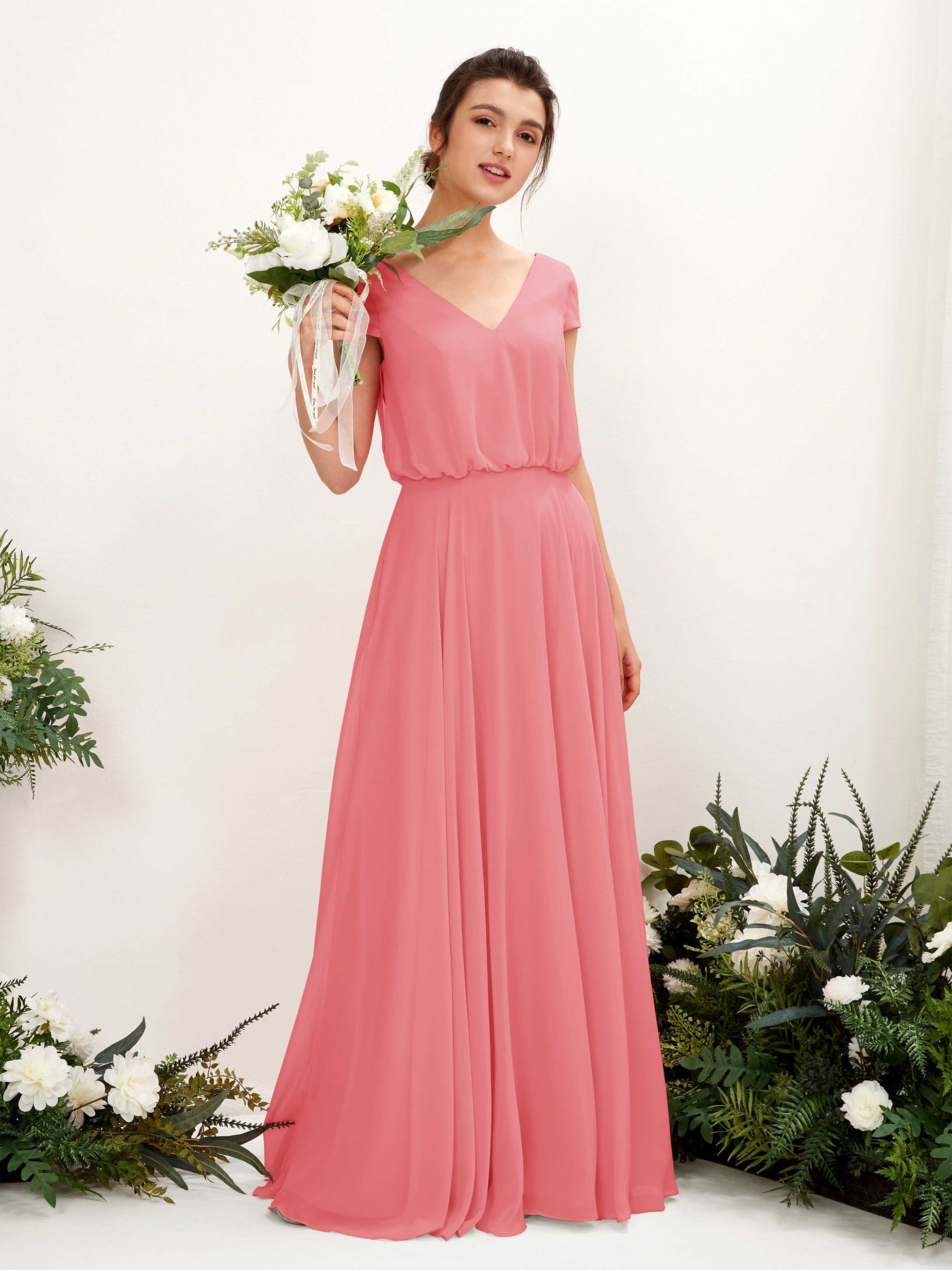 Coral Pink Bridesmaid Dresses Bridesmaid Dress A-line Chiffon V-neck Full Length Short Sleeves Wedding Party Dress (81221830)#color_coral-pink
