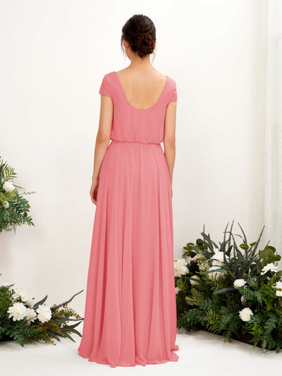 Carlyna Pauline A-Line Coral Pink Bridesmaid Dress Maxi Cap Sleeve V-Neck Dress Back View #color_coral-pink