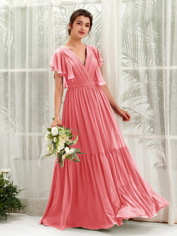 Coral Pink Bridesmaid Dresses Bridesmaid Dress A-line Chiffon V-neck Full Length Short Sleeves Wedding Party Dress (81225930)