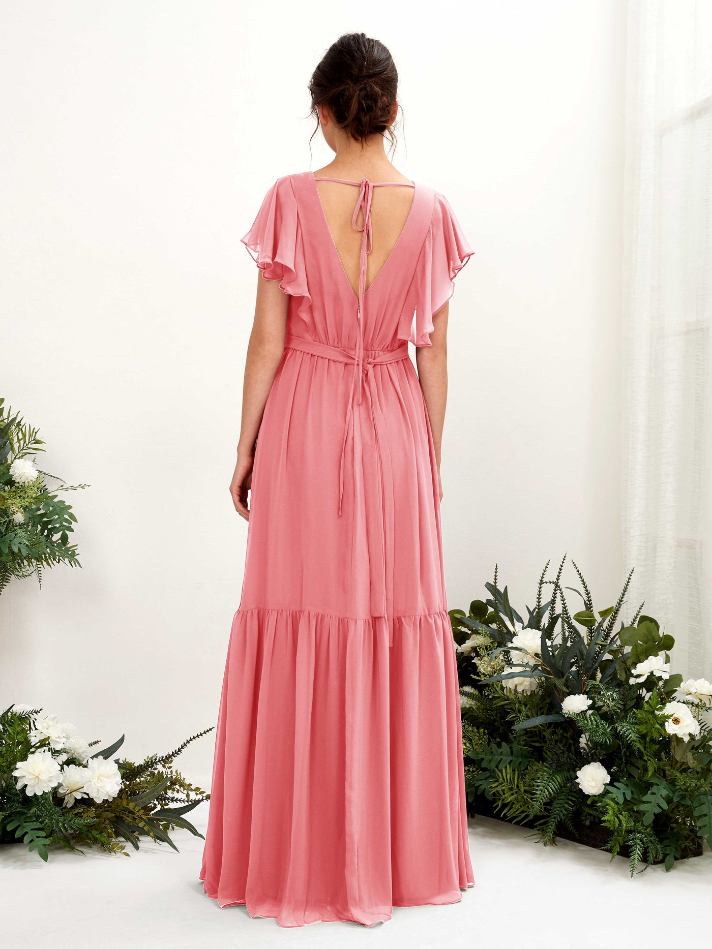 Coral Pink Bridesmaid Dresses Bridesmaid Dress A-line Chiffon V-neck Full Length Short Sleeves Wedding Party Dress (81225930)#color_coral-pink