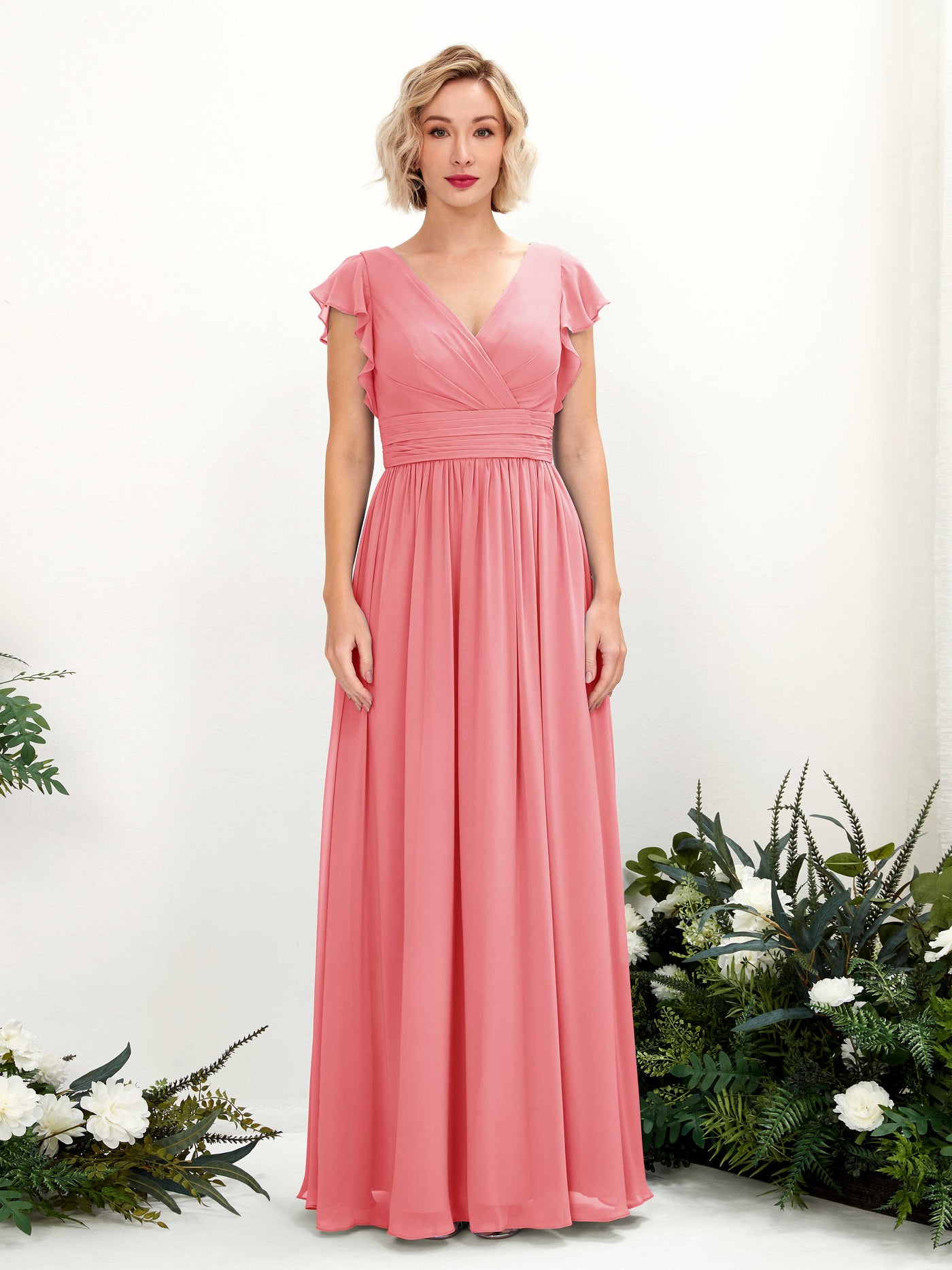 Coral Pink Bridesmaid Dresses Bridesmaid Dress A-line Chiffon V-neck Full Length Short Sleeves Wedding Party Dress (81222730)#color_coral-pink