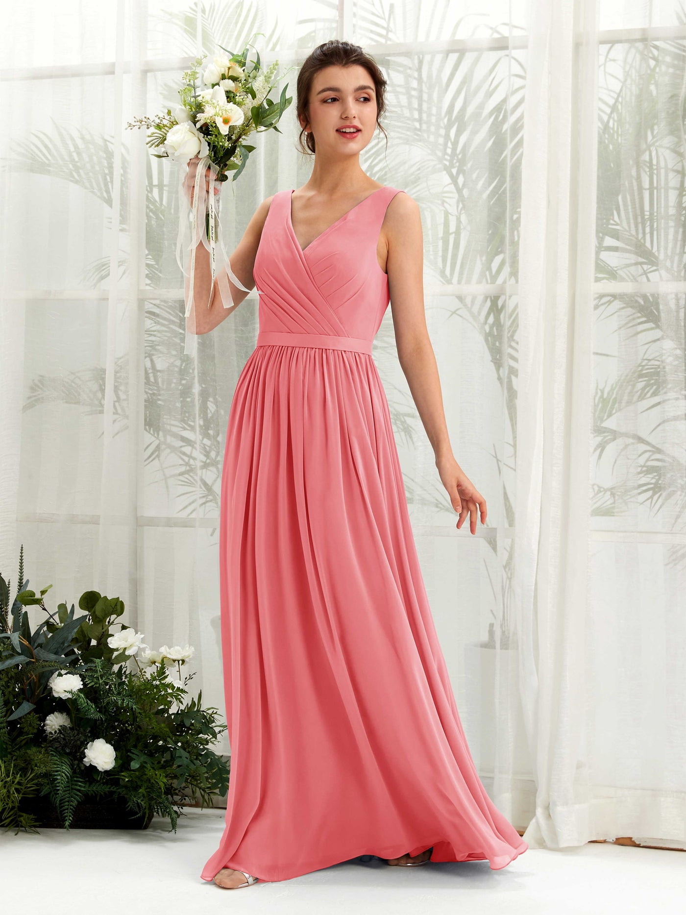Coral Pink Bridesmaid Dresses Bridesmaid Dress A-line Chiffon V-neck Full Length Sleeveless Wedding Party Dress (81223630)#color_coral-pink