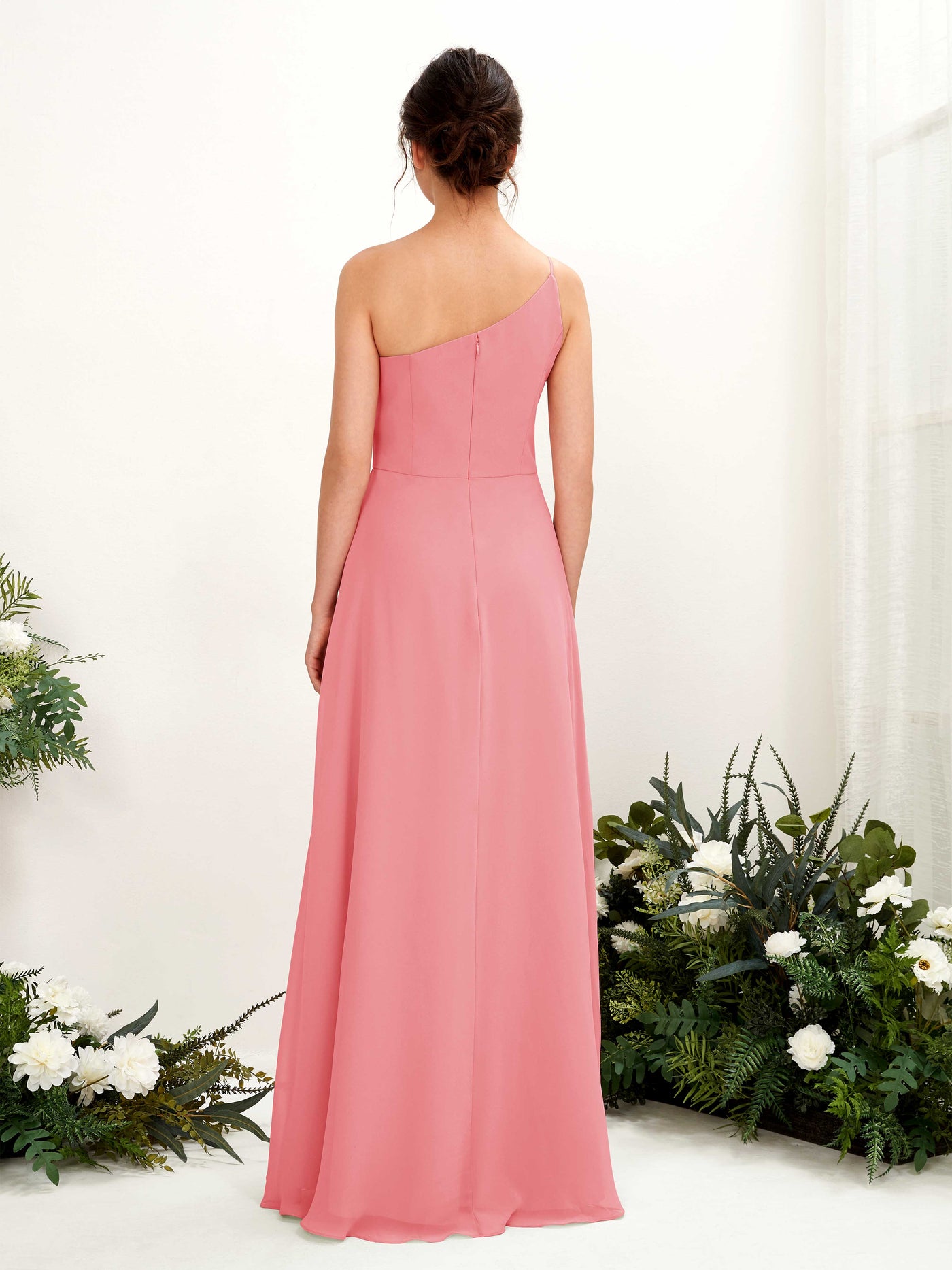 Coral Pink Bridesmaid Dresses Bridesmaid Dress A-line Chiffon One Shoulder Full Length Sleeveless Wedding Party Dress (81225730)#color_coral-pink