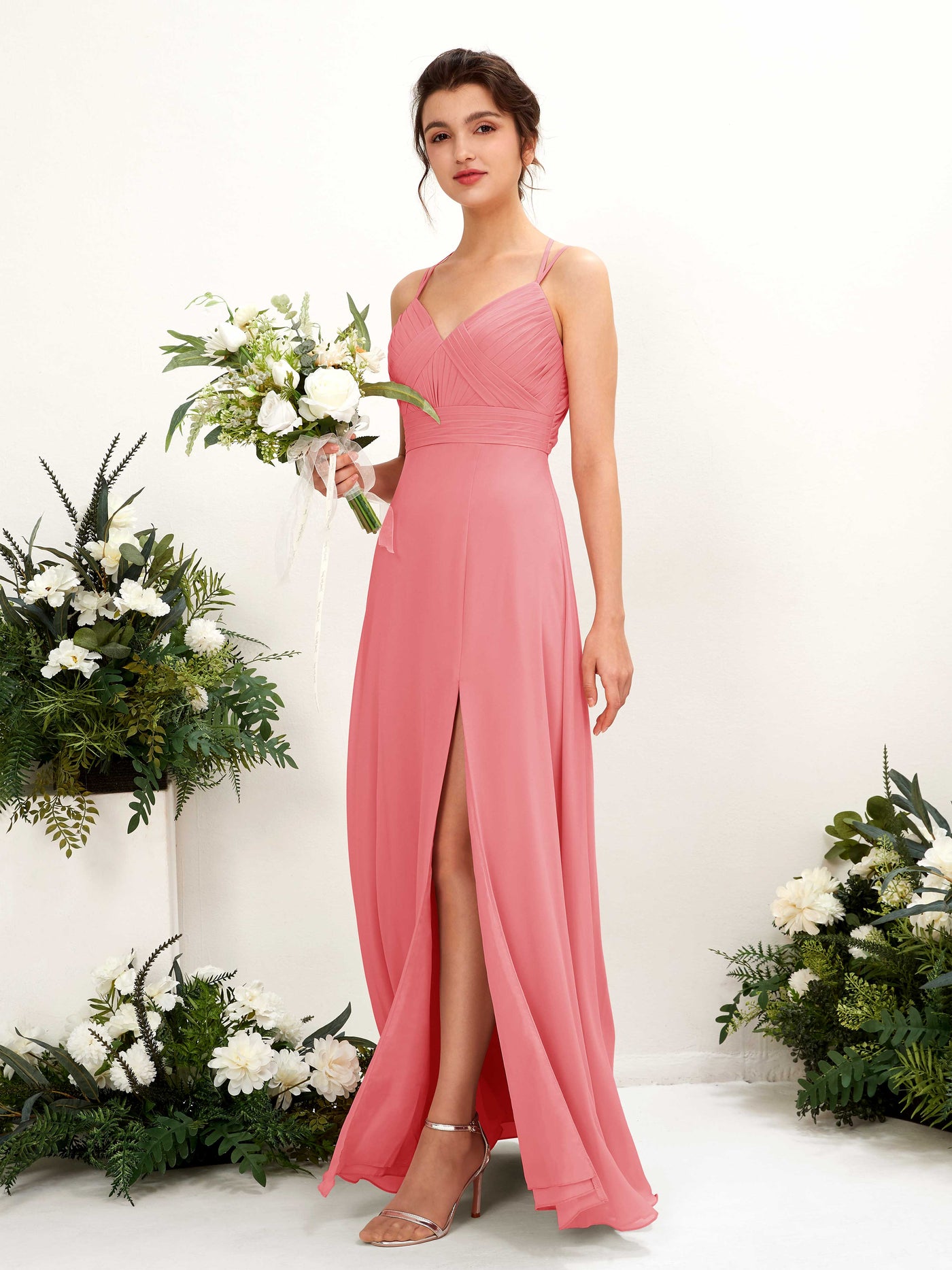 Coral Pink Bridesmaid Dresses Bridesmaid Dress A-line Chiffon Spaghetti-straps Full Length Sleeveless Wedding Party Dress (81225430)#color_coral-pink