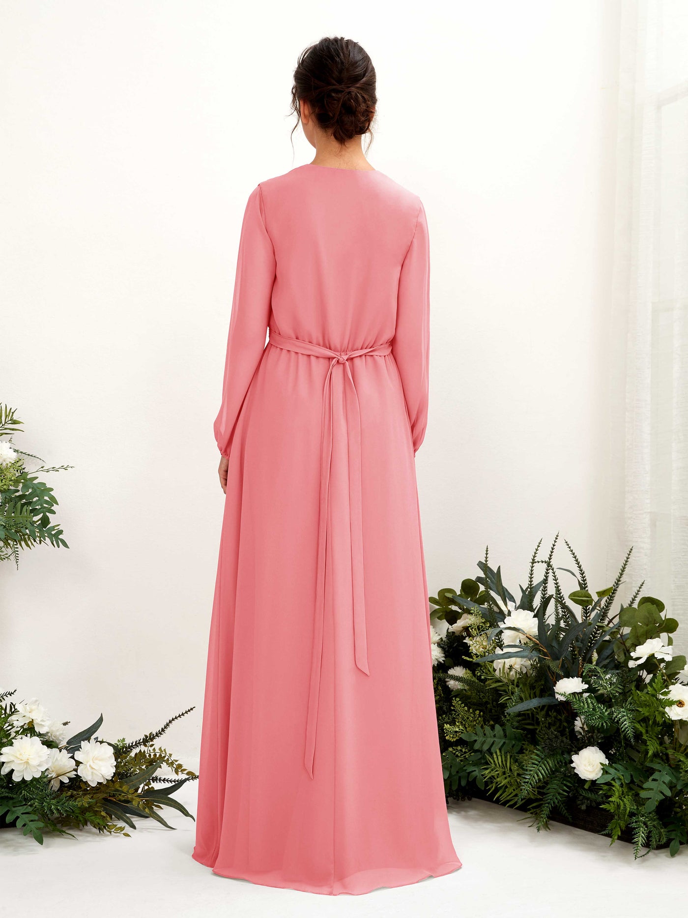 Coral Pink Bridesmaid Dresses Bridesmaid Dress A-line Chiffon V-neck Full Length Long Sleeves Wedding Party Dress (81223230)#color_coral-pink