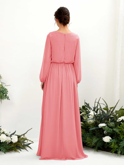 Carlyna Ginny A-Line Coral Pink Bridesmaid Dress Maxi Long Sleeve V-Neck Back View #color_coral-pink