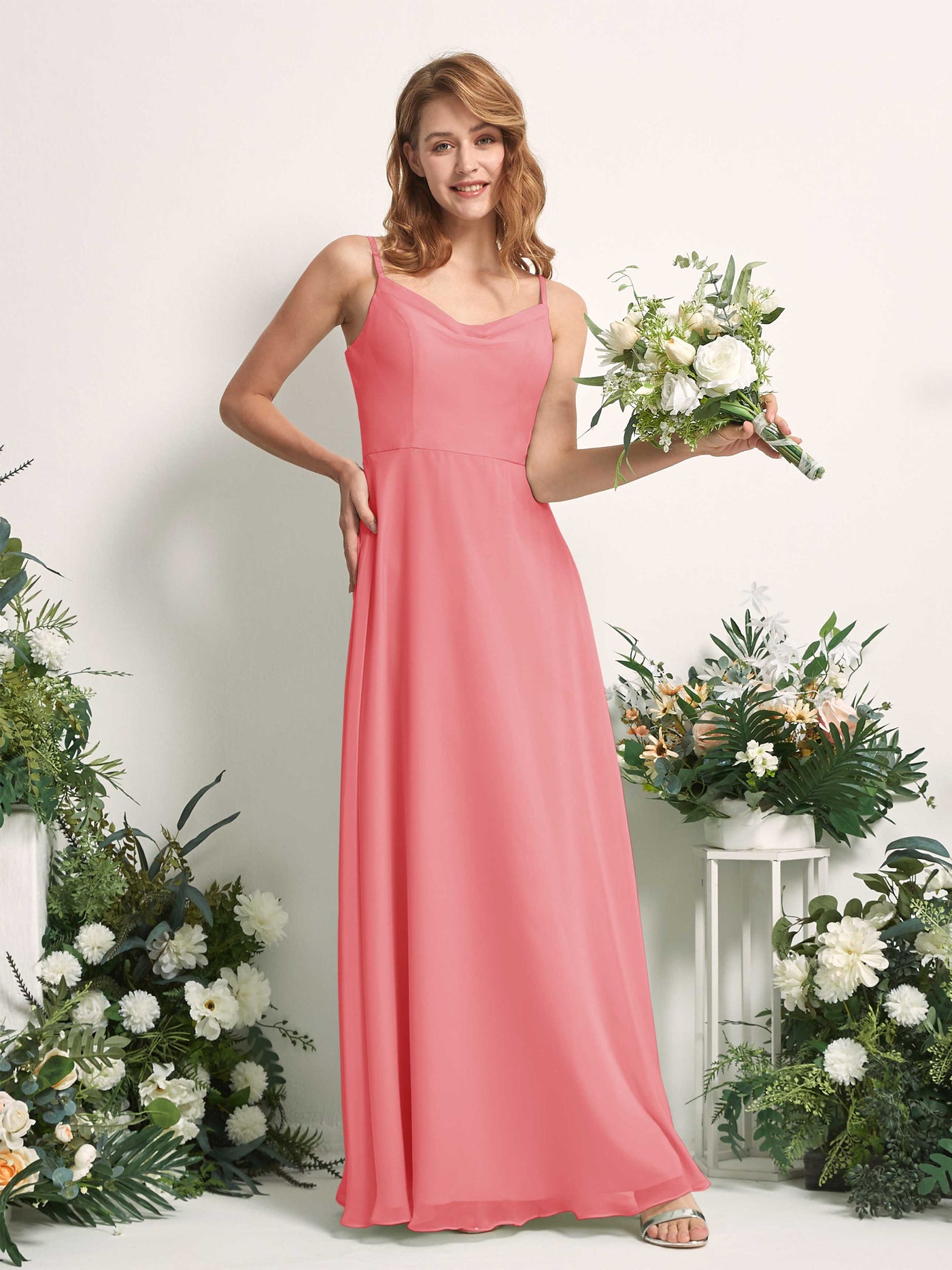 Bridesmaid Dress A-line Chiffon Spaghetti-straps Full Length Sleeveless Wedding Party Dress - Coral Pink (81227230)#color_coral-pink