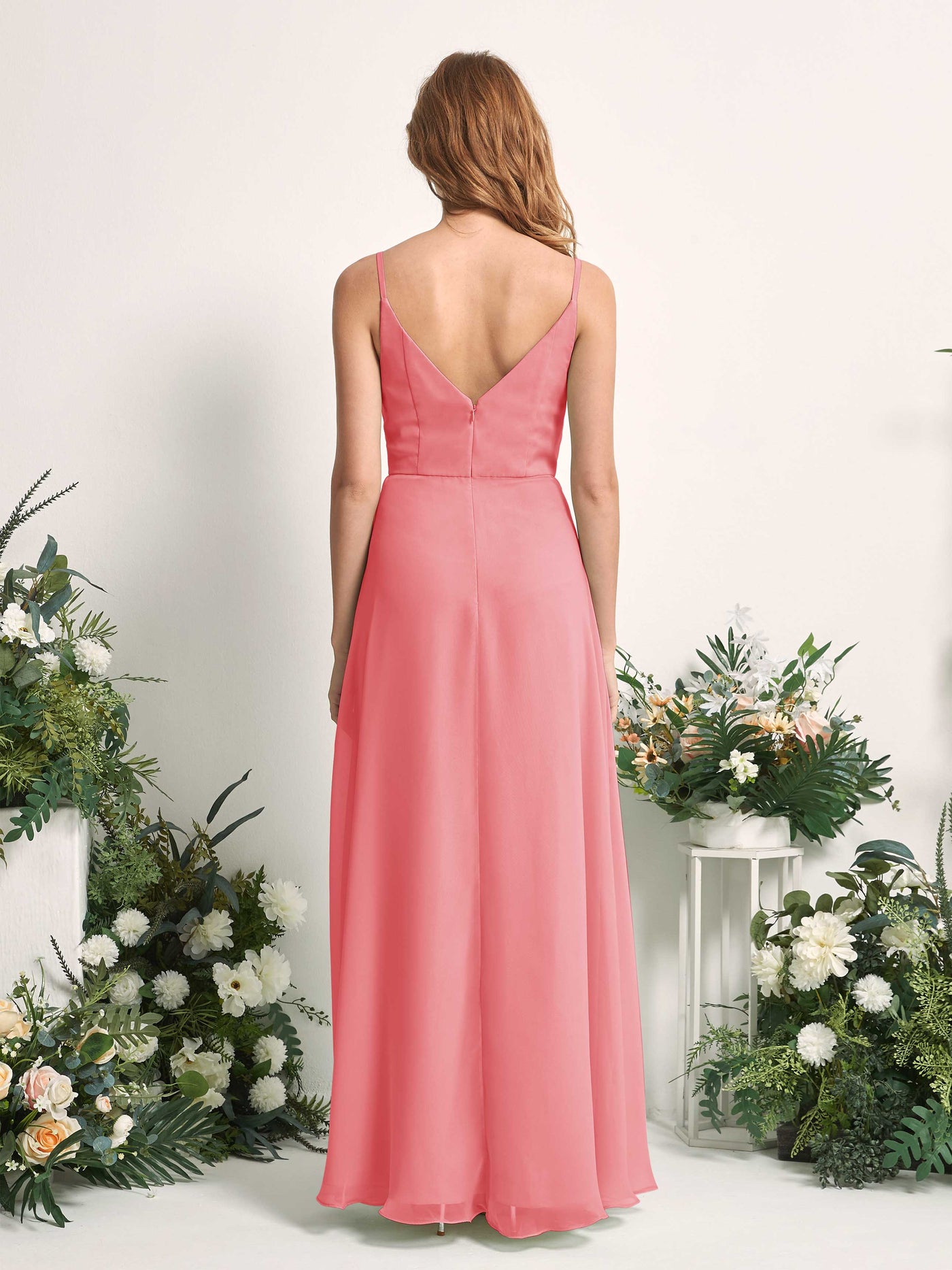 Bridesmaid Dress A-line Chiffon Spaghetti-straps Full Length Sleeveless Wedding Party Dress - Coral Pink (81227230)#color_coral-pink