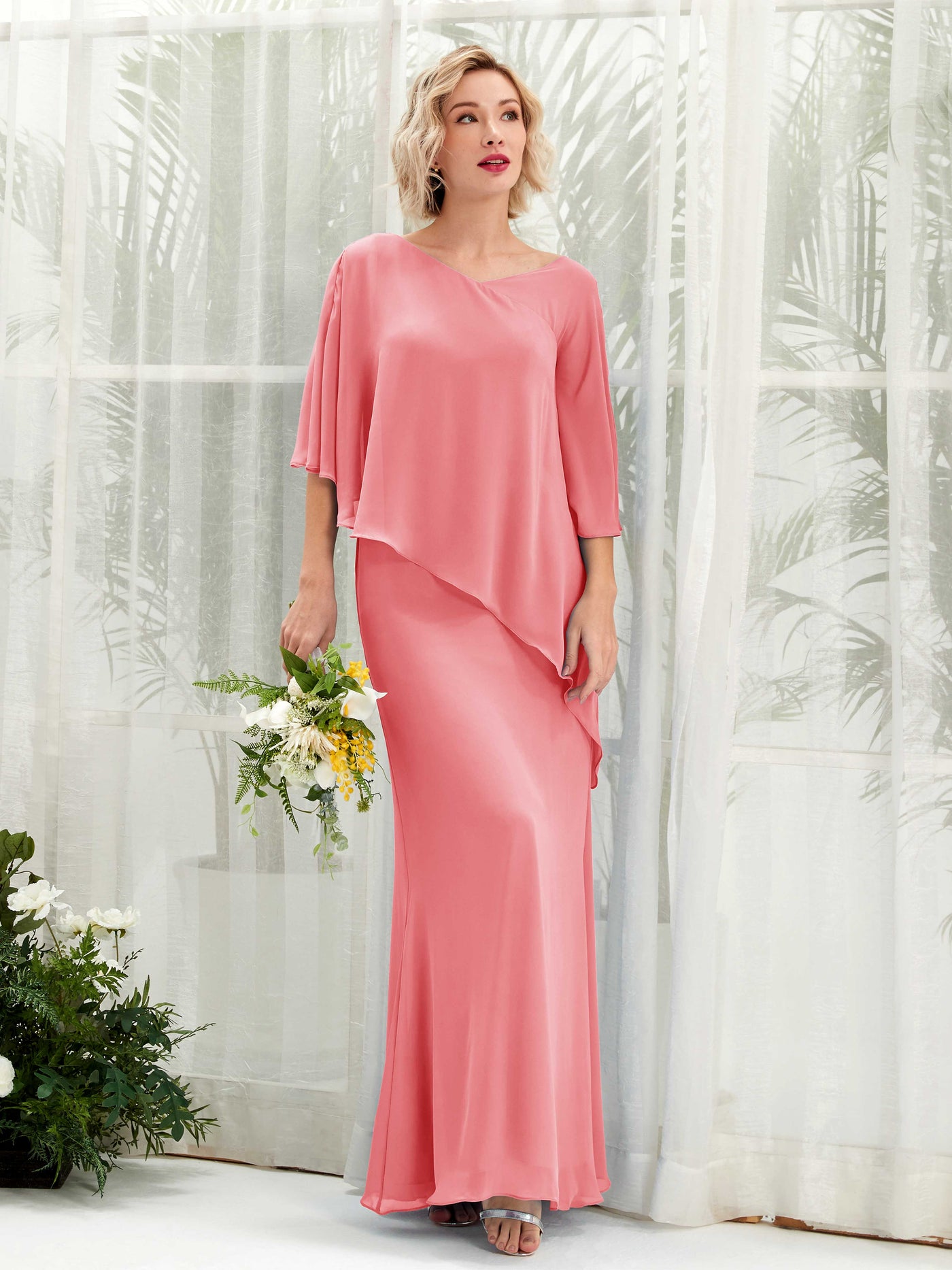 Coral Pink Bridesmaid Dresses Bridesmaid Dress Bohemian Chiffon V-neck Full Length 3/4 Sleeves Wedding Party Dress (81222530)#color_coral-pink