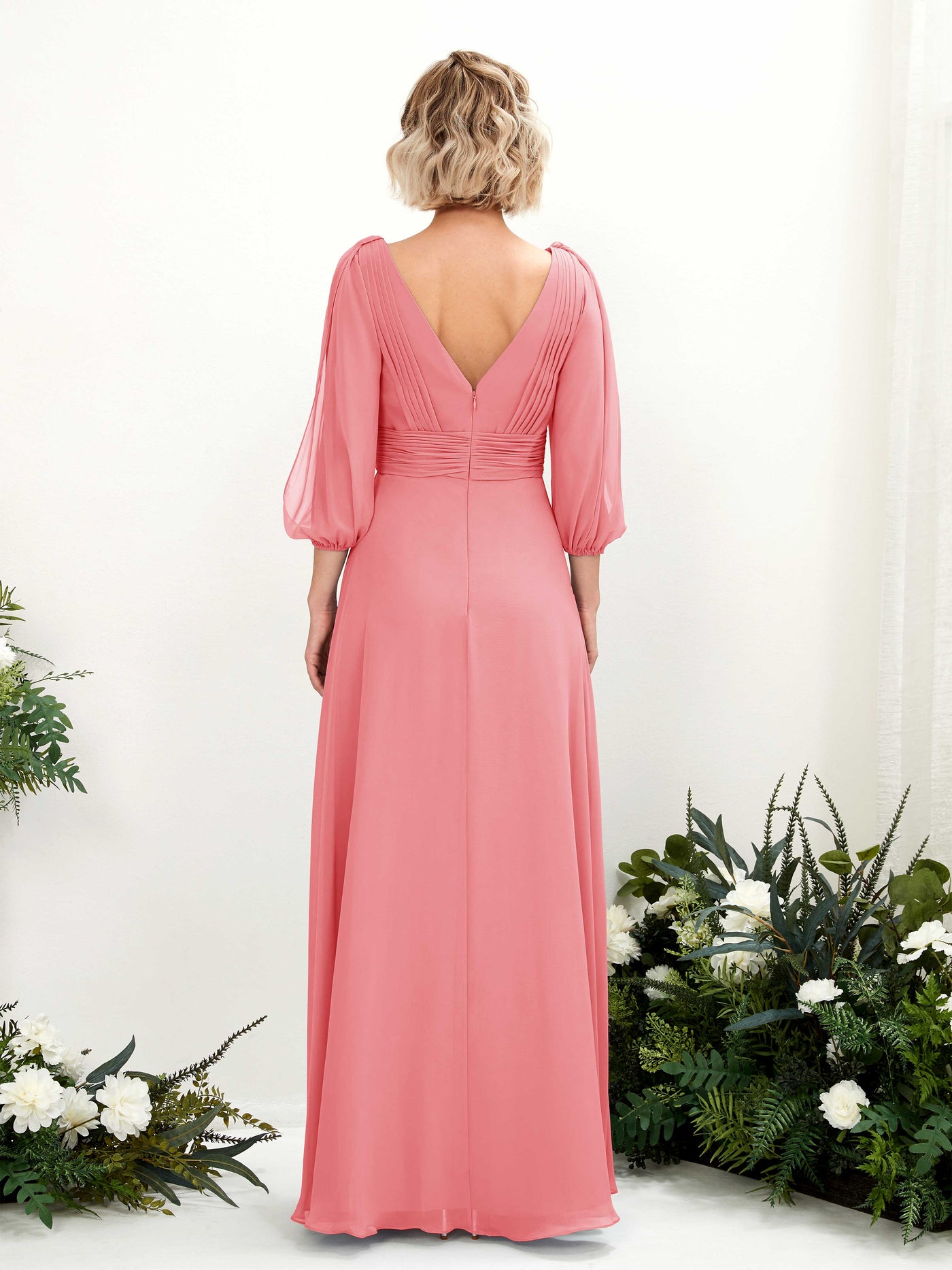 Coral Pink Bridesmaid Dresses Bridesmaid Dress Chiffon V-neck Full Length Long Sleeves Wedding Party Dress (81223530)#color_coral-pink