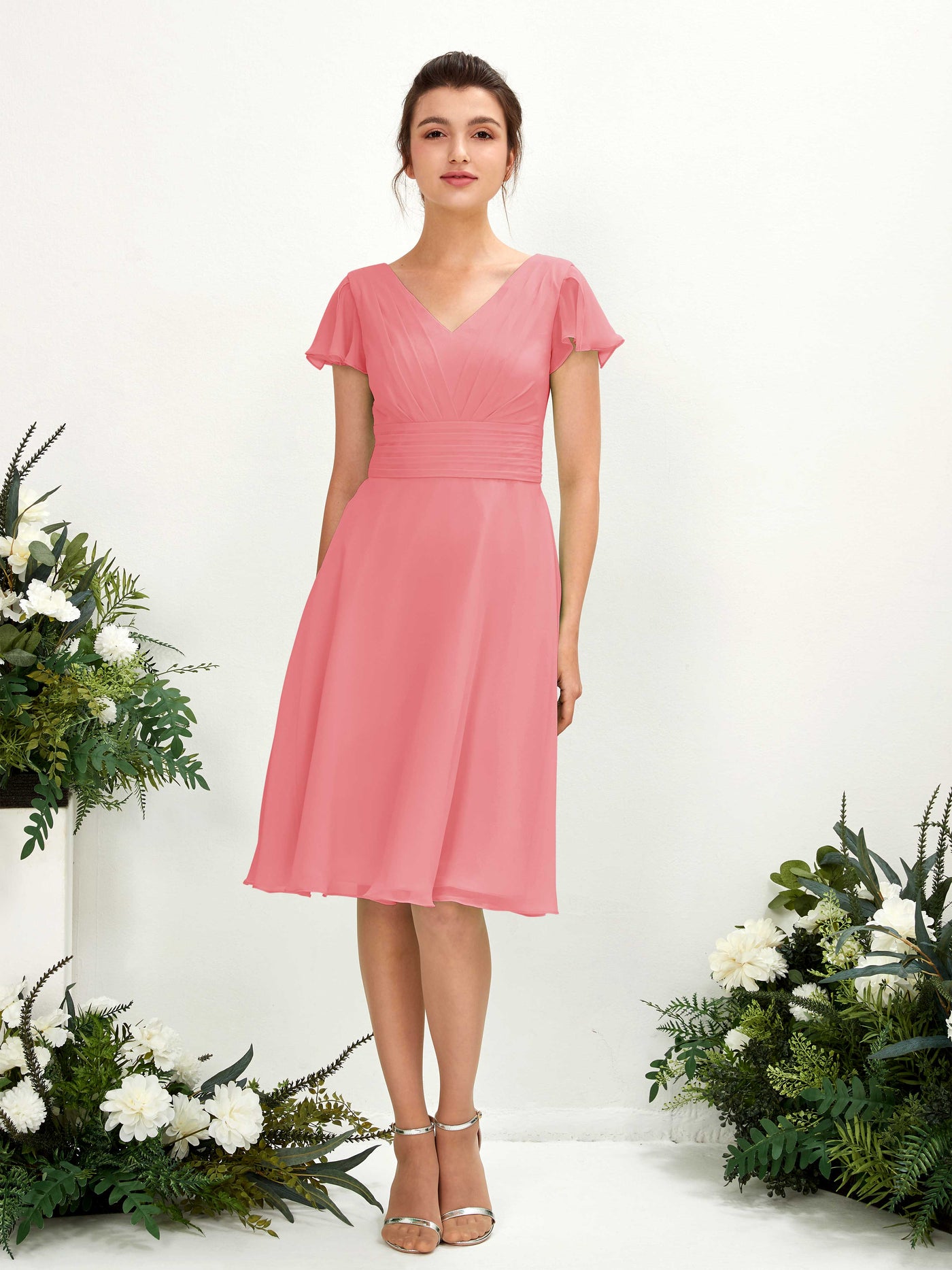 Coral Pink Bridesmaid Dresses Bridesmaid Dress Chiffon V-neck Knee Length Short Sleeves Wedding Party Dress (81220230)#color_coral-pink