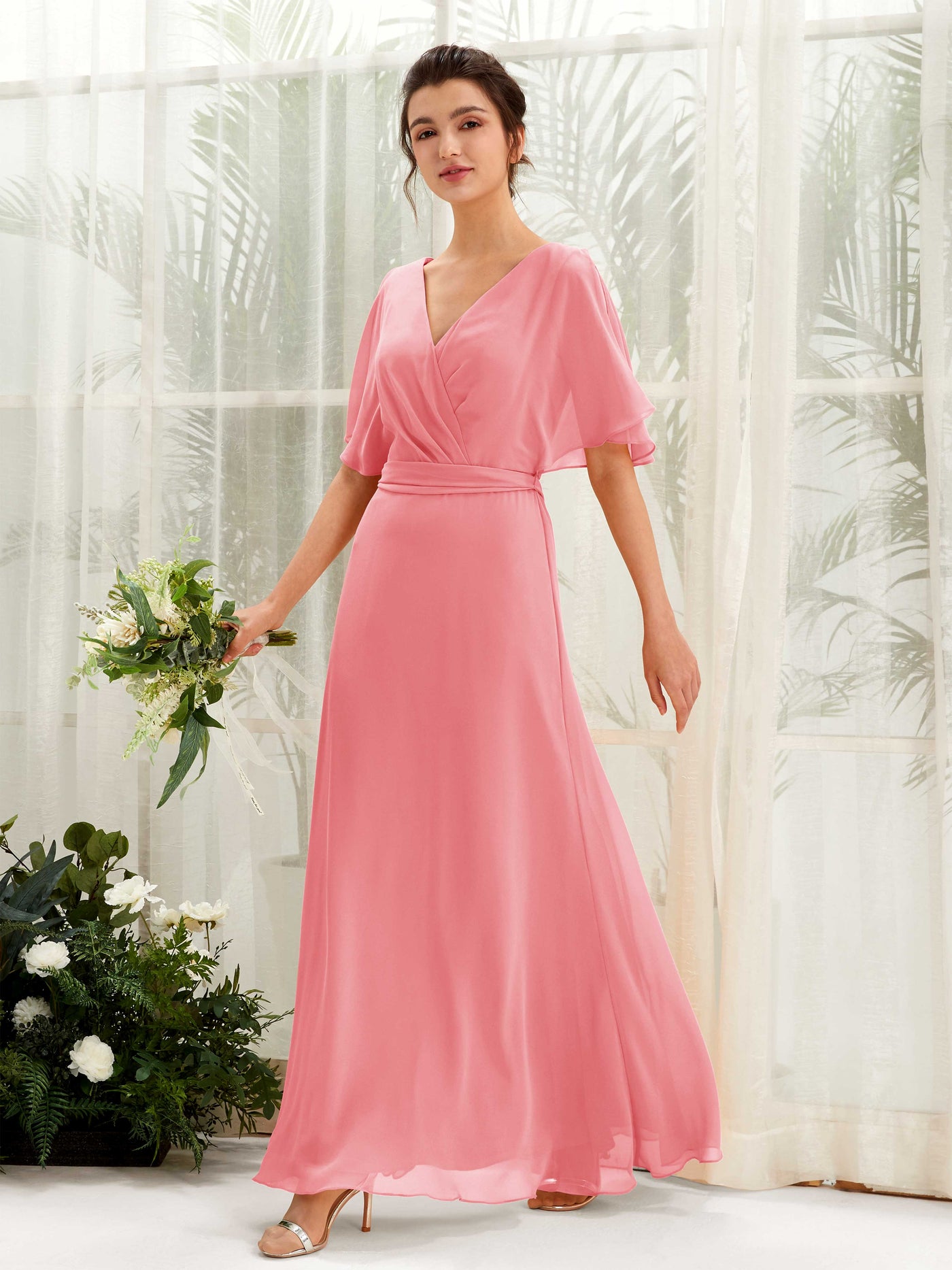 Coral Pink Bridesmaid Dresses Bridesmaid Dress A-line Chiffon V-neck Full Length Short Sleeves Wedding Party Dress (81222430)#color_coral-pink