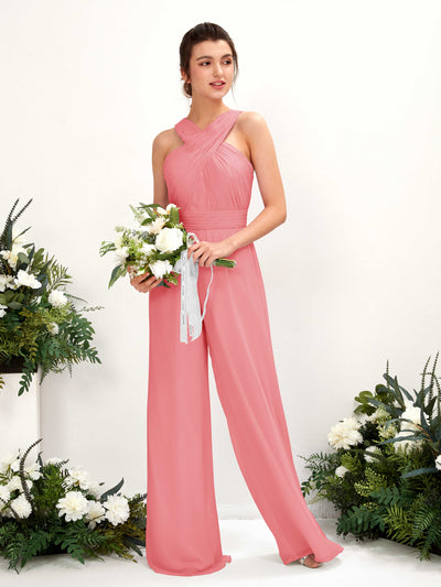 Carlyna Hilona Jumpsuit Coral Pink Bridesmaid Dress Maxi Sleeveless V-Neck Dress Front View #color_coral-pink