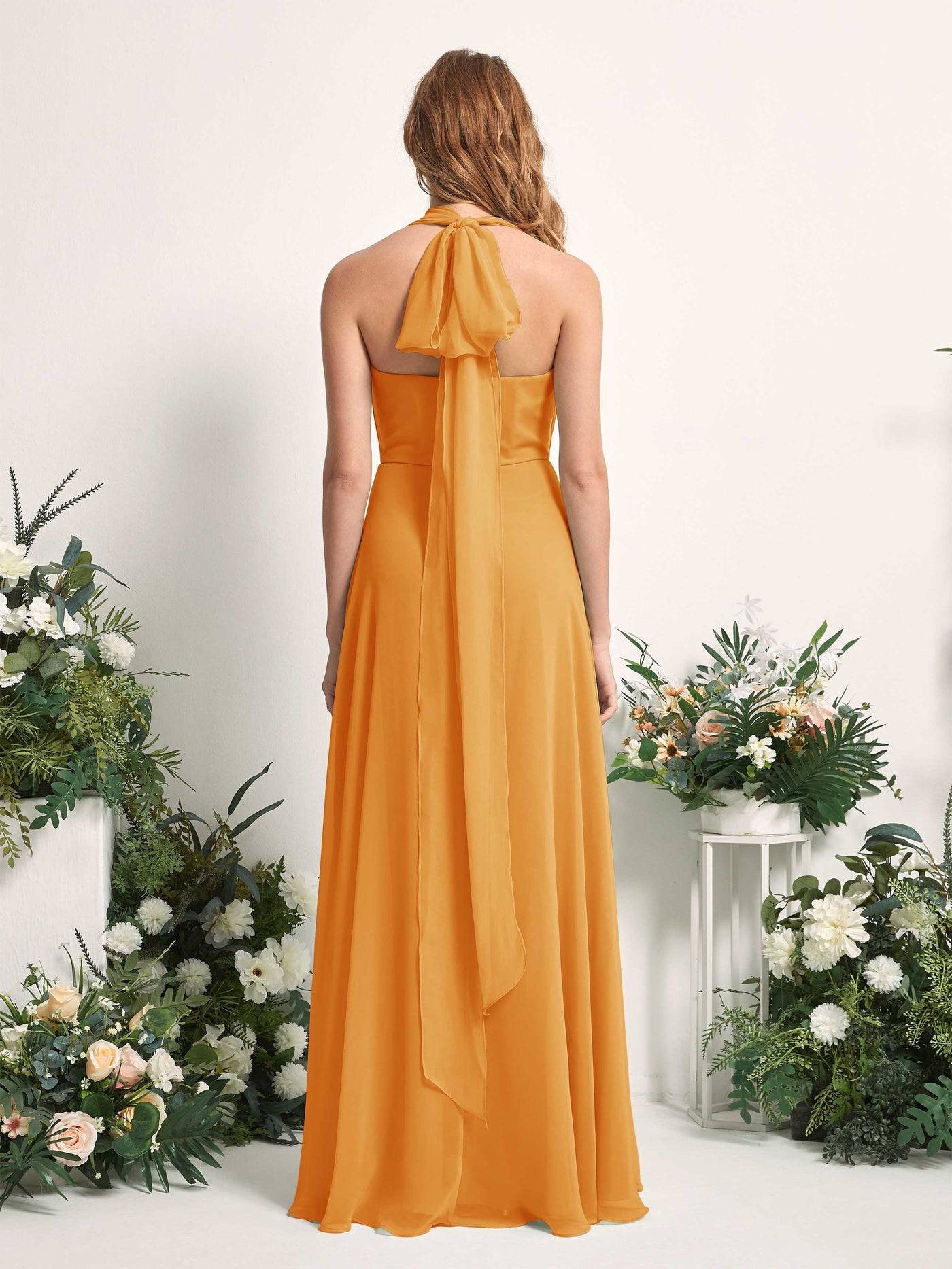 Mango Bridesmaid Dresses Bridesmaid Dress A-line Chiffon Halter Full Length Short Sleeves Wedding Party Dress (81226302)#color_mango