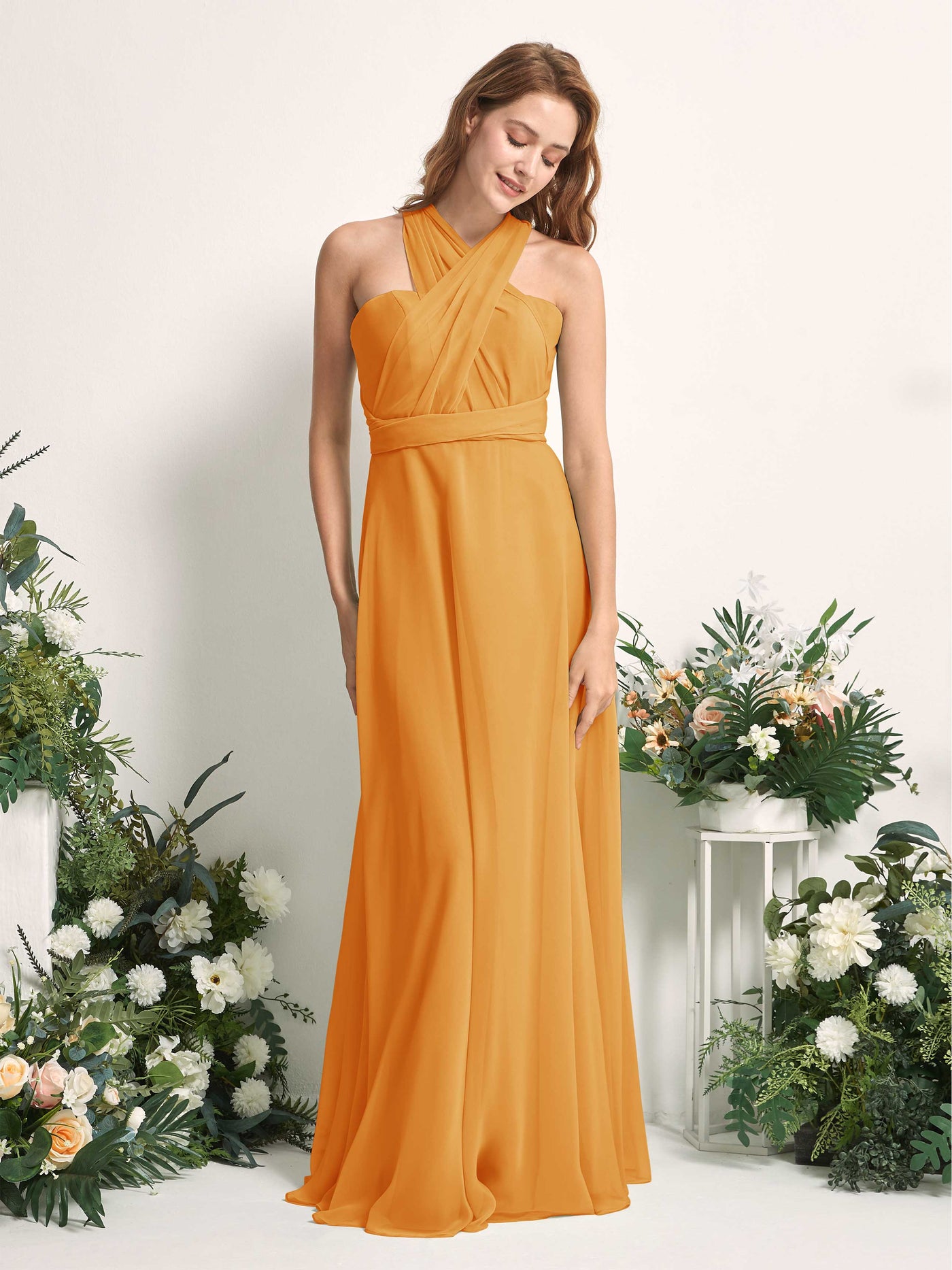 Mango Bridesmaid Dresses Bridesmaid Dress A-line Chiffon Halter Full Length Short Sleeves Wedding Party Dress (81226302)#color_mango