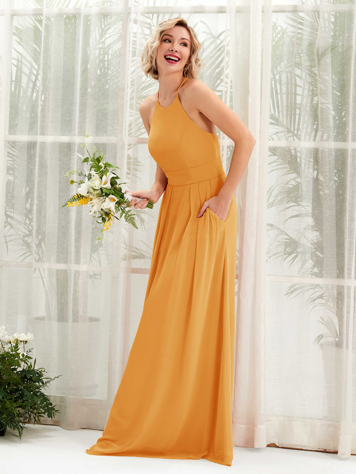 Mango Bridesmaid Dresses Bridesmaid Dress A-line Chiffon Halter Full Length Sleeveless Wedding Party Dress (81225202)