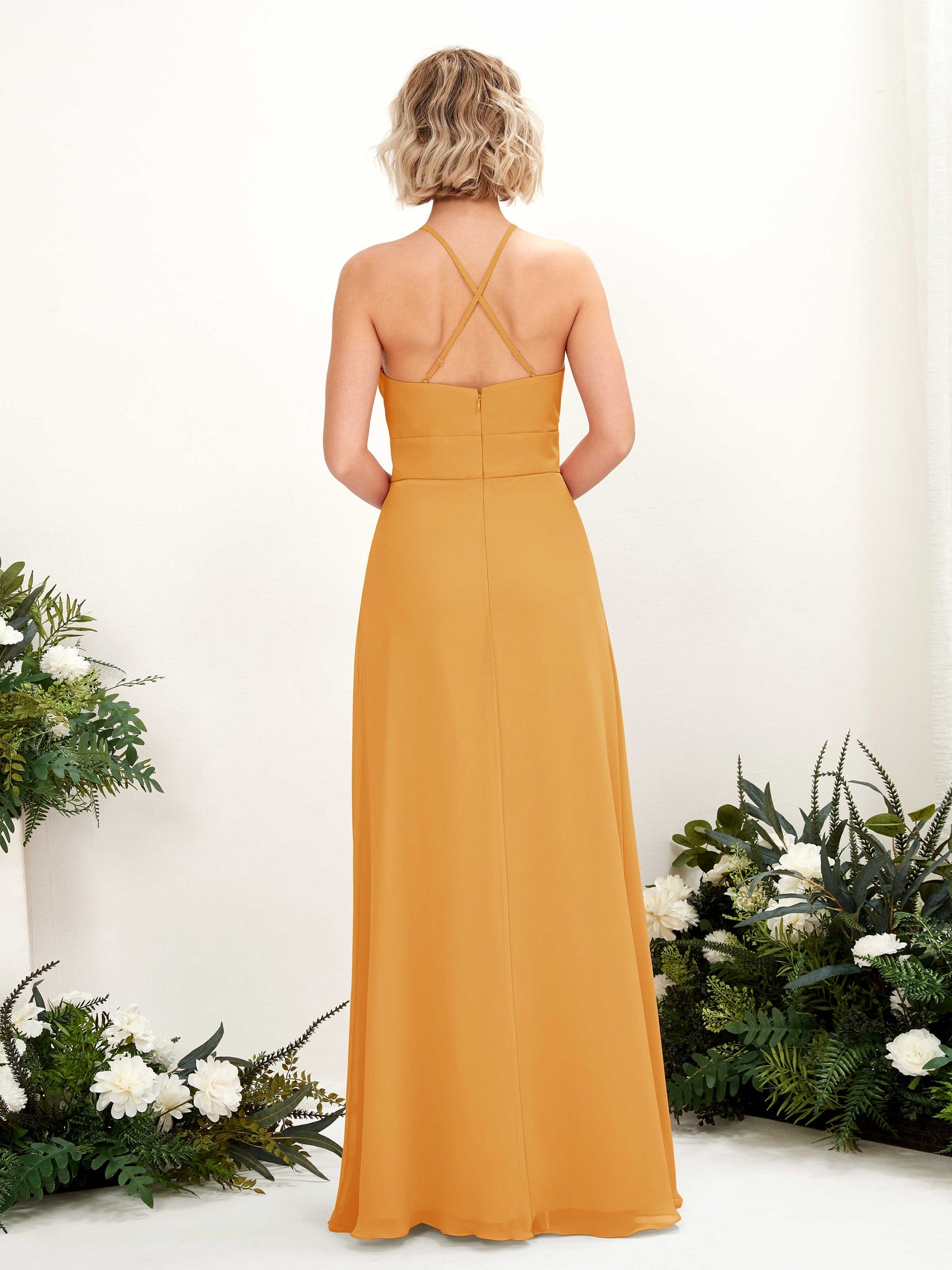 Mango Bridesmaid Dresses Bridesmaid Dress A-line Chiffon Halter Full Length Sleeveless Wedding Party Dress (81225202)#color_mango