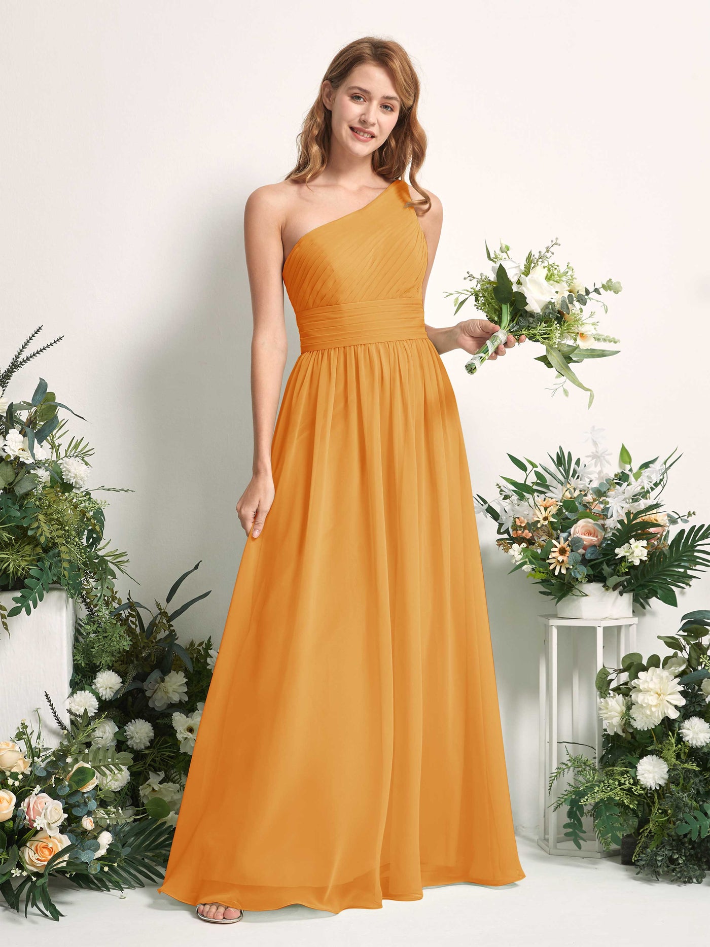 Bridesmaid Dress A-line Chiffon One Shoulder Full Length Sleeveless Wedding Party Dress - Mango (81226702)#color_mango