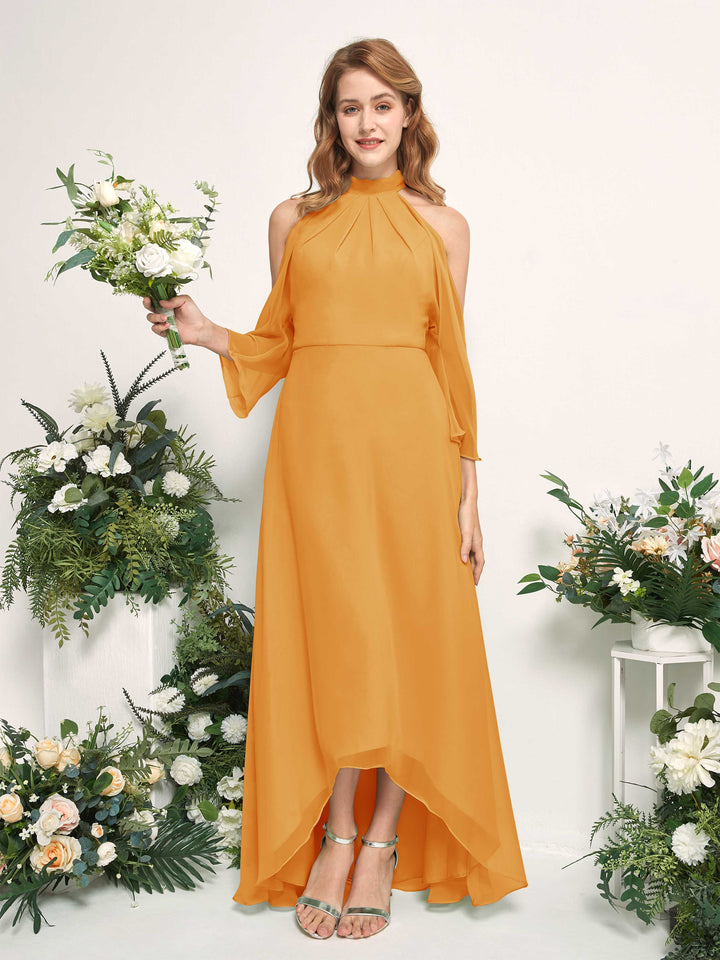 Bridesmaid Dress A-line Chiffon Halter High Low 3/4 Sleeves Wedding Party Dress - Mango (81227602)