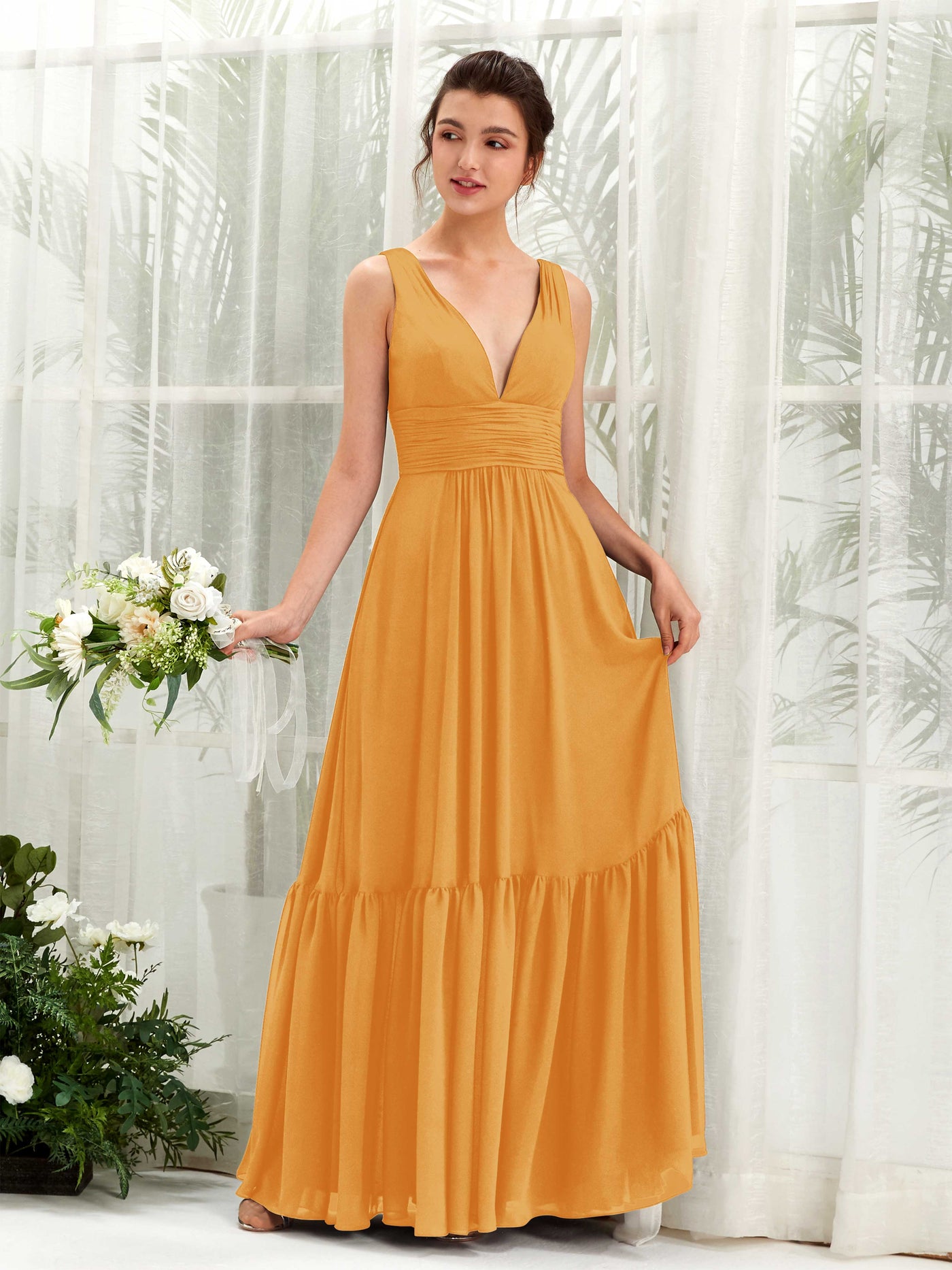 Mango Bridesmaid Dresses Bridesmaid Dress A-line Chiffon Straps Full Length Sleeveless Wedding Party Dress (80223702)#color_mango
