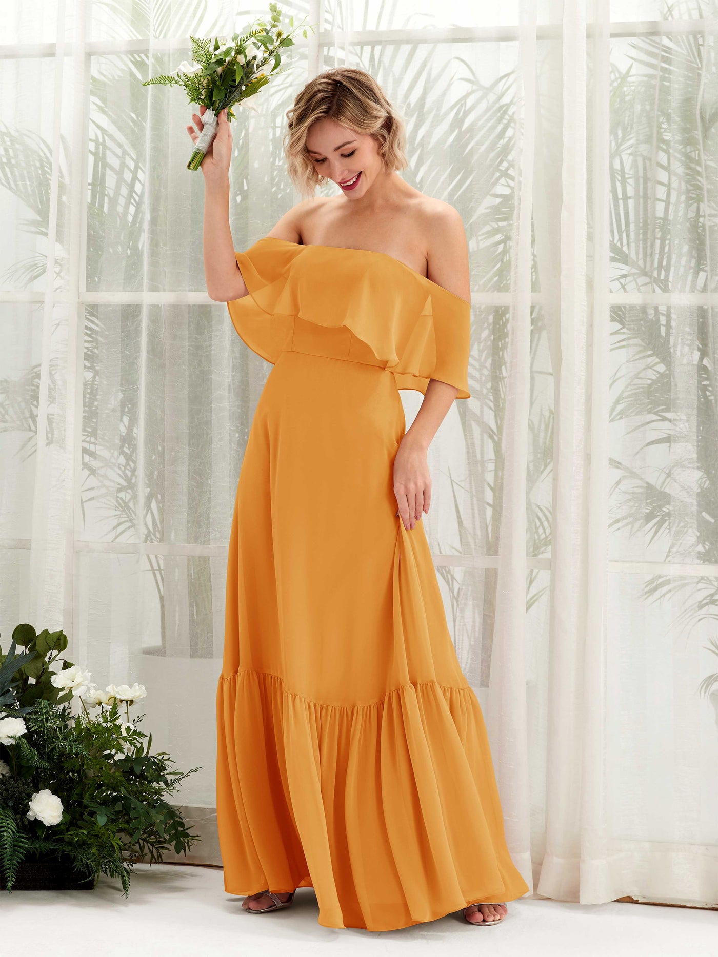 Mango Bridesmaid Dresses Bridesmaid Dress A-line Chiffon Off Shoulder Full Length Sleeveless Wedding Party Dress (81224502)#color_mango