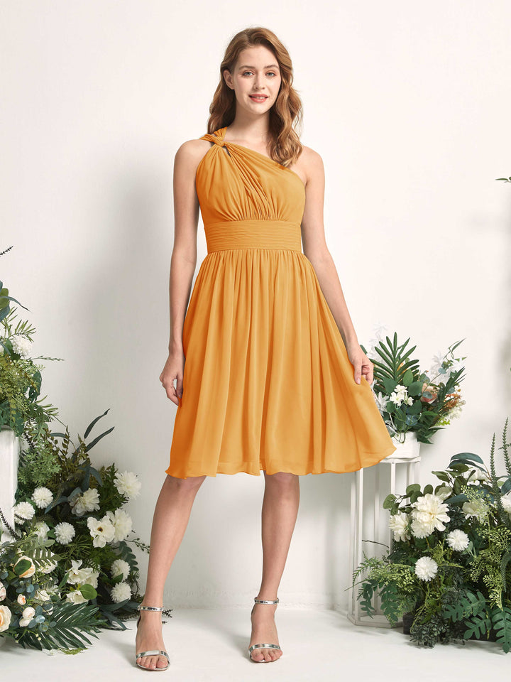 Bridesmaid Dress A-line Chiffon One Shoulder Knee Length Sleeveless Wedding Party Dress - Mango (81221202)
