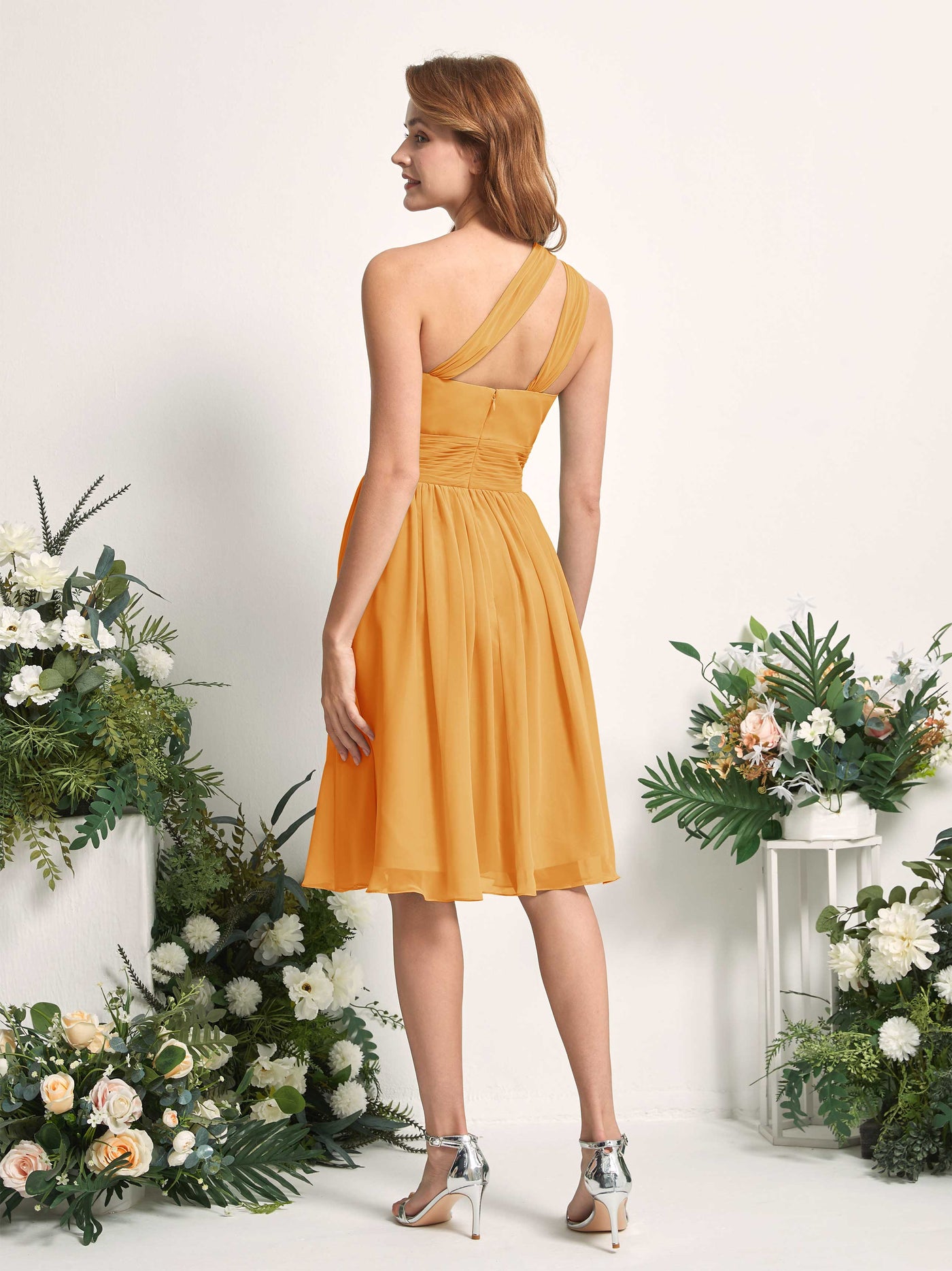Bridesmaid Dress A-line Chiffon One Shoulder Knee Length Sleeveless Wedding Party Dress - Mango (81221202)#color_mango