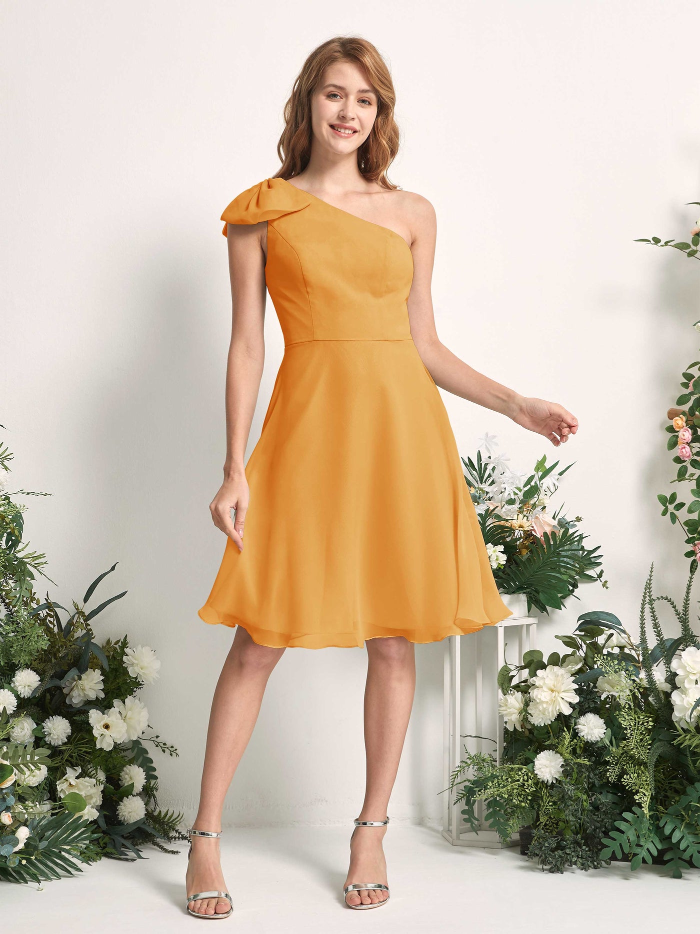 Bridesmaid Dress A-line Chiffon One Shoulder Knee Length Sleeveless Wedding Party Dress - Mango (81227002)#color_mango