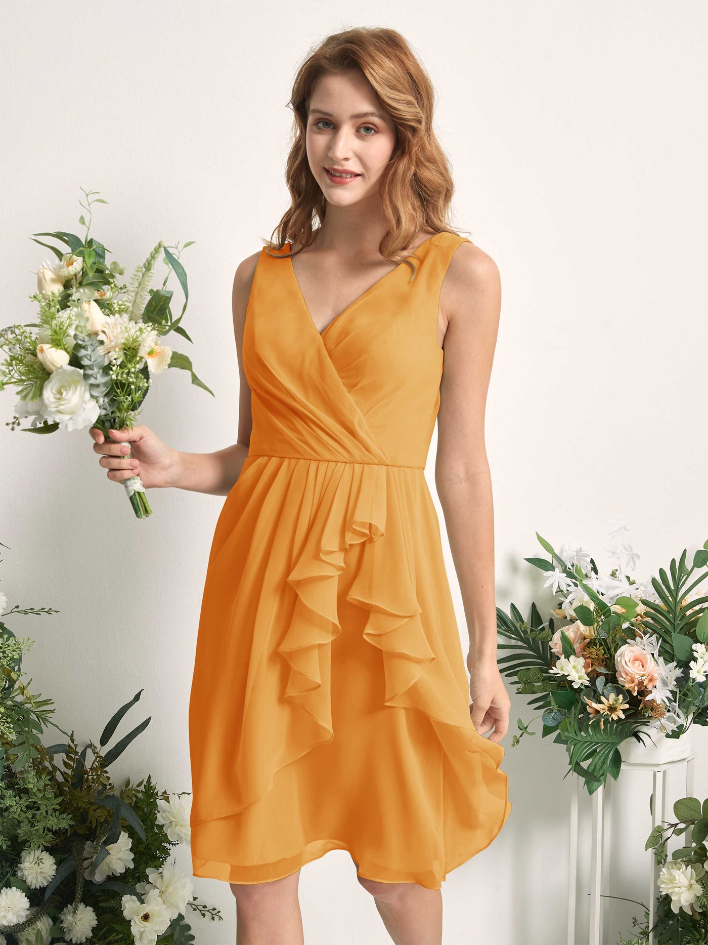 Bridesmaid Dress A-line Chiffon Straps Knee Length Sleeveless Wedding Party Dress - Mango (81226602)#color_mango