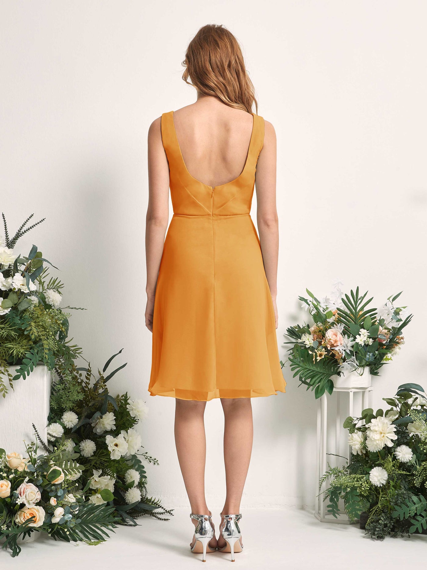 Bridesmaid Dress A-line Chiffon Straps Knee Length Sleeveless Wedding Party Dress - Mango (81226602)#color_mango
