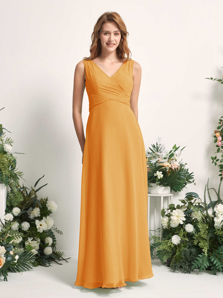 Bridesmaid Dress A-line Chiffon Straps Full Length Sleeveless Wedding Party Dress - Mango (81227302)