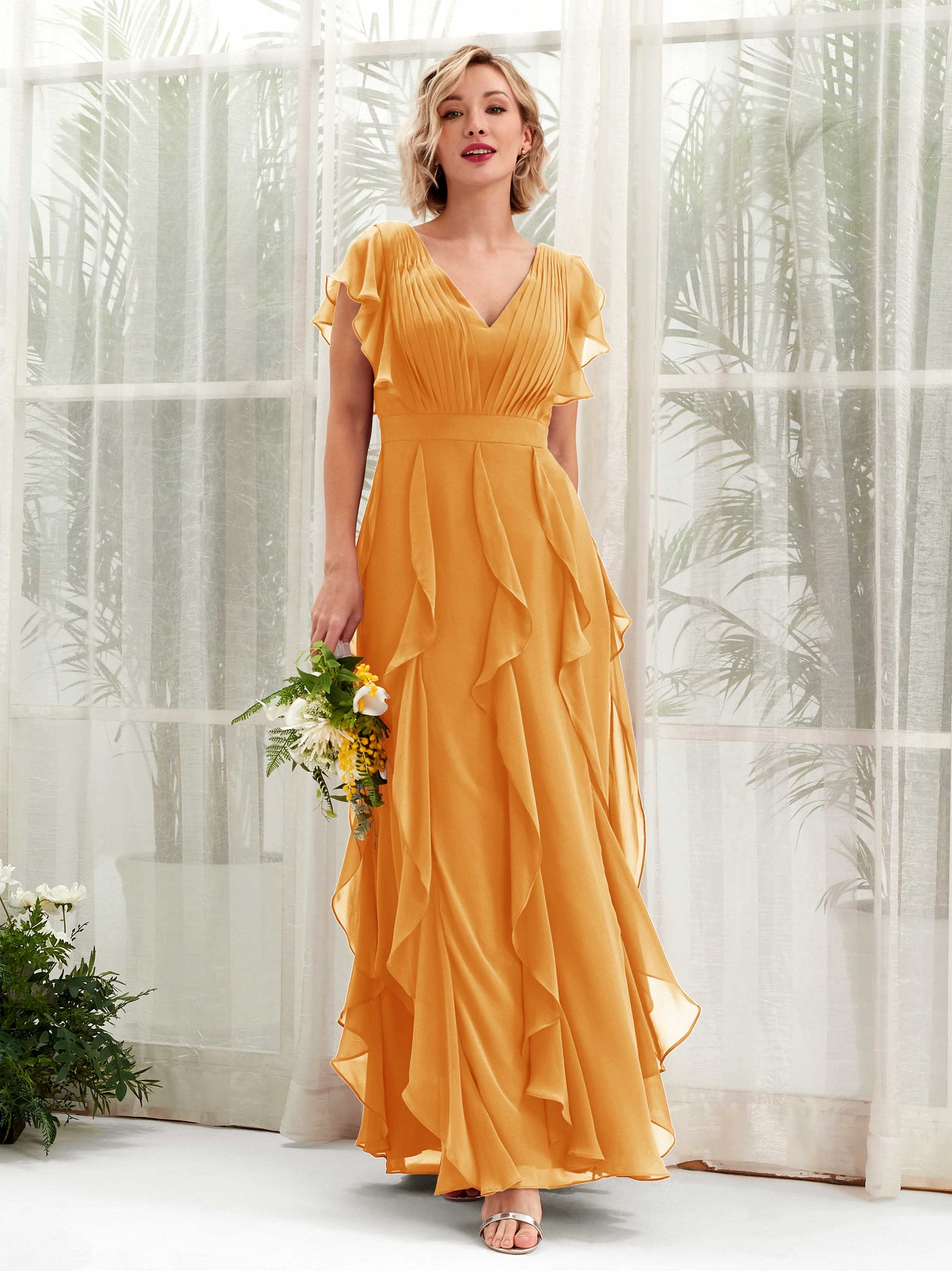 A-line Open back V-neck Short Sleeves Chiffon Bridesmaid Dress - Mango (81226002)#color_mango