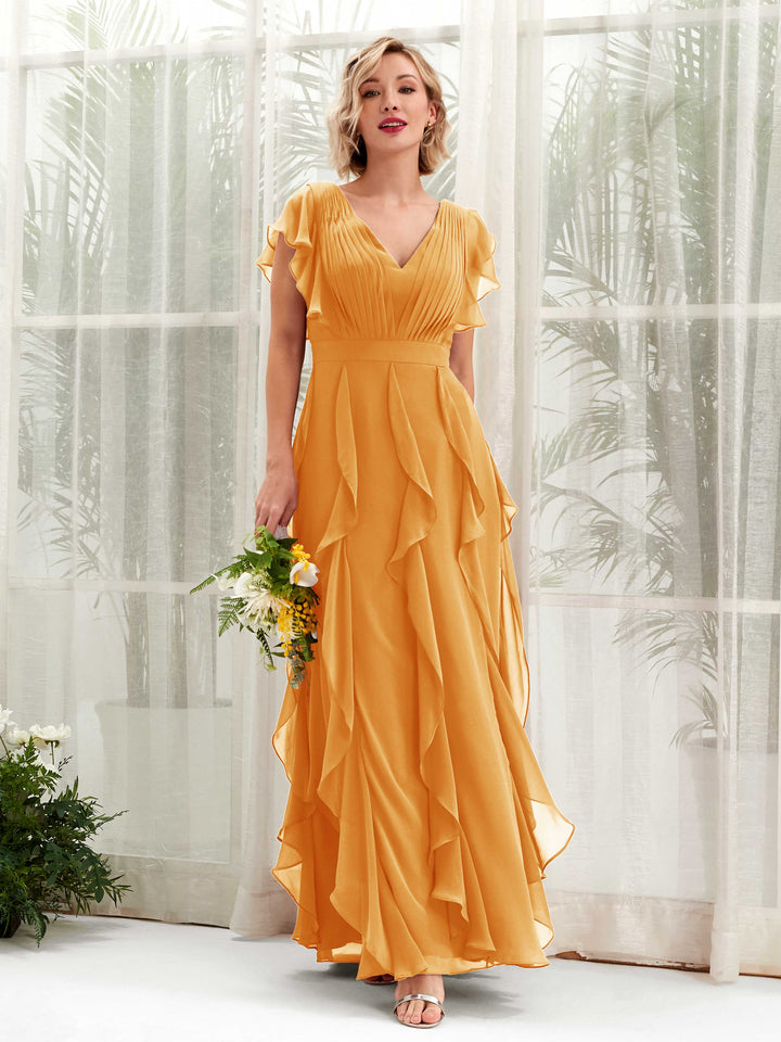 A-line Open back V-neck Short Sleeves Chiffon Bridesmaid Dress - Mango (81226002)
