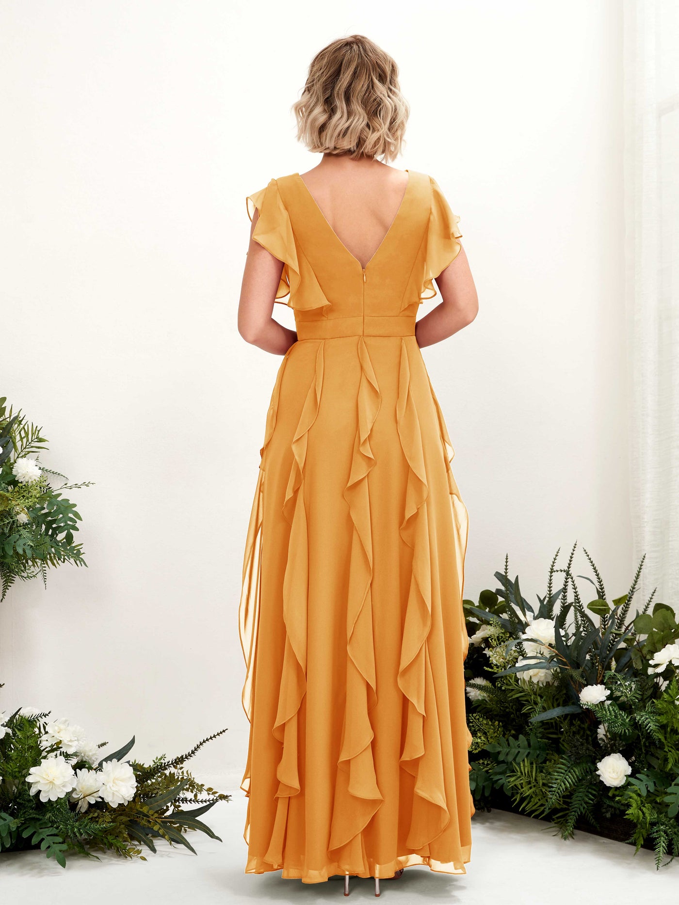 A-line Open back V-neck Short Sleeves Chiffon Bridesmaid Dress - Mango (81226002)#color_mango