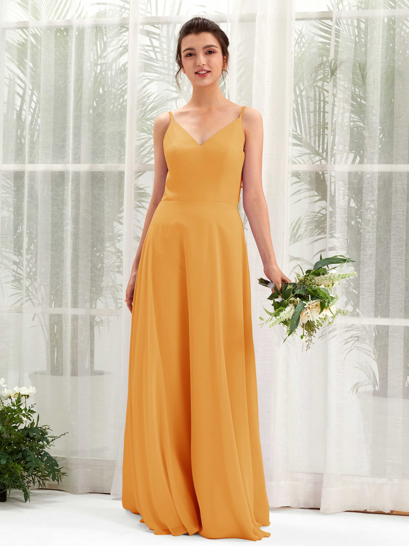 Mango Bridesmaid Dresses Bridesmaid Dress A-line Chiffon Spaghetti-straps Full Length Sleeveless Wedding Party Dress (81220602)#color_mango